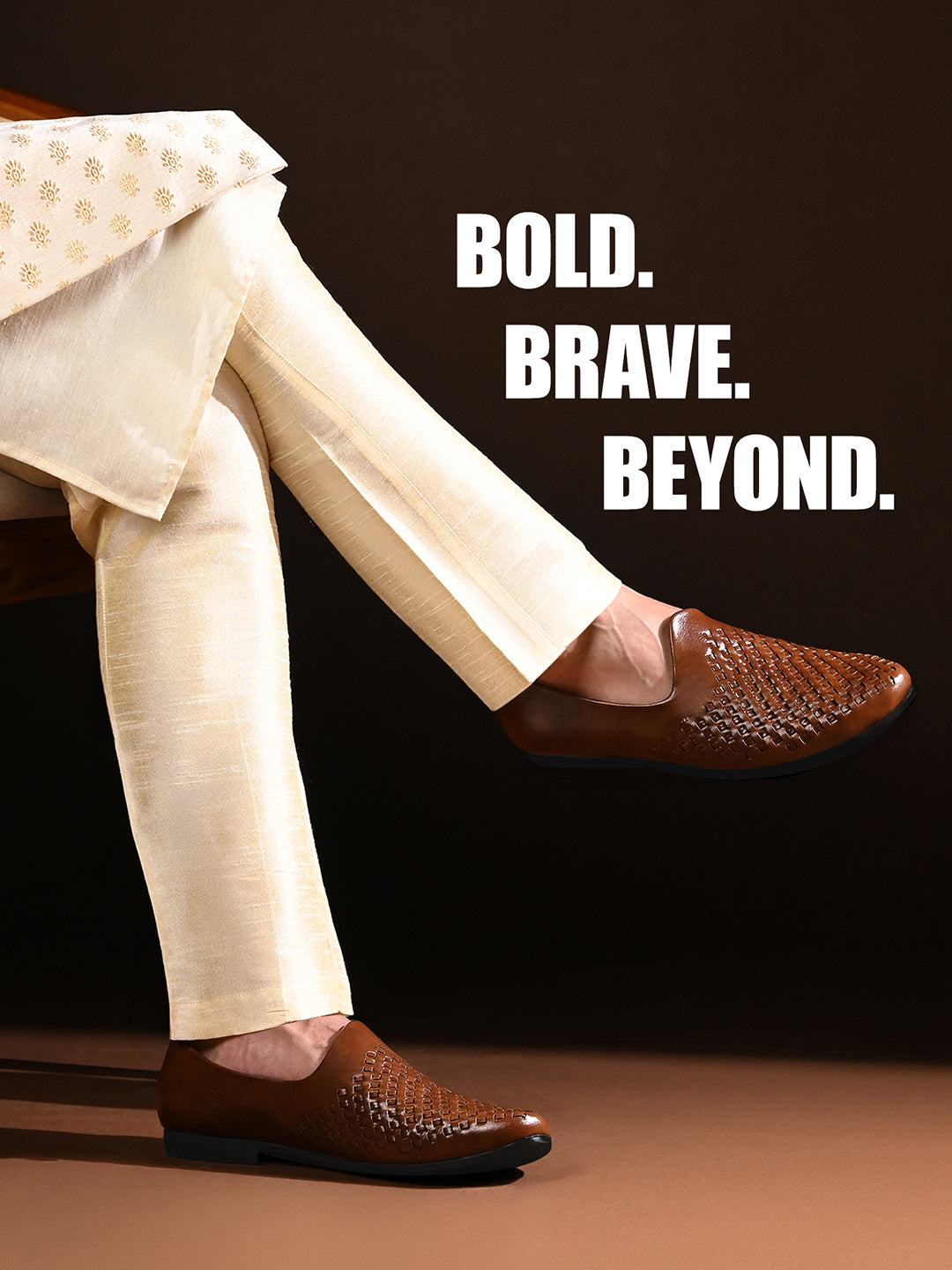Russet Tan Ethnic Slip-On Weaved Texture Nagra Juti and Mojari