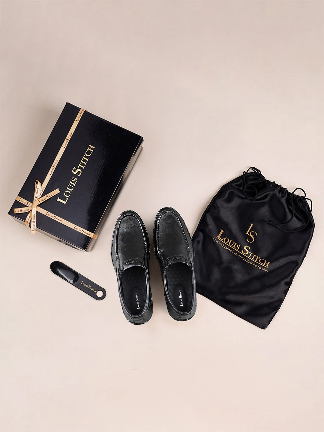 Obsidian Black Genuine Leather Ultra Lightweight Slip-On Shoes