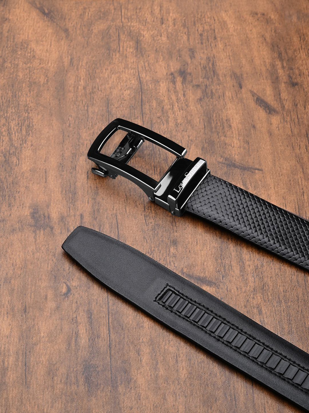 Premium VT Leather Men's Gunmetal Black Buckle Auto Lock Belt