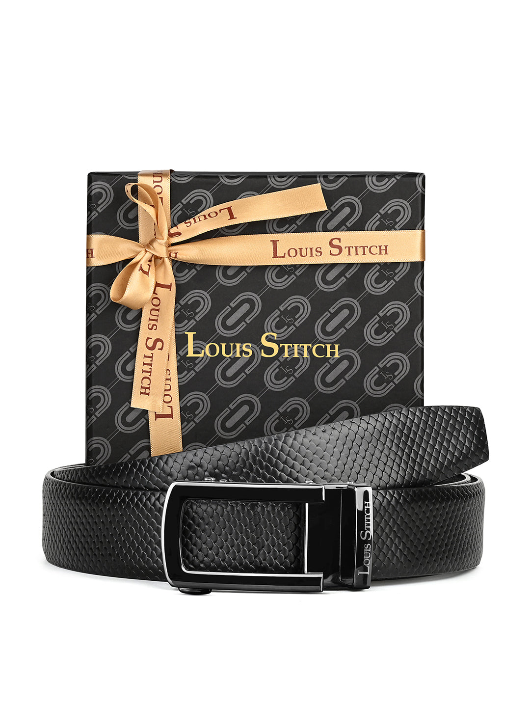 Premium VT Leather Men's Gunmetal Black Buckle Auto Lock Belt