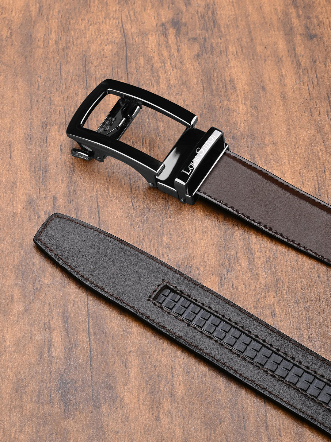 Premium VT Leather Men's Gunmetal Black Buckle Auto Lock Belt