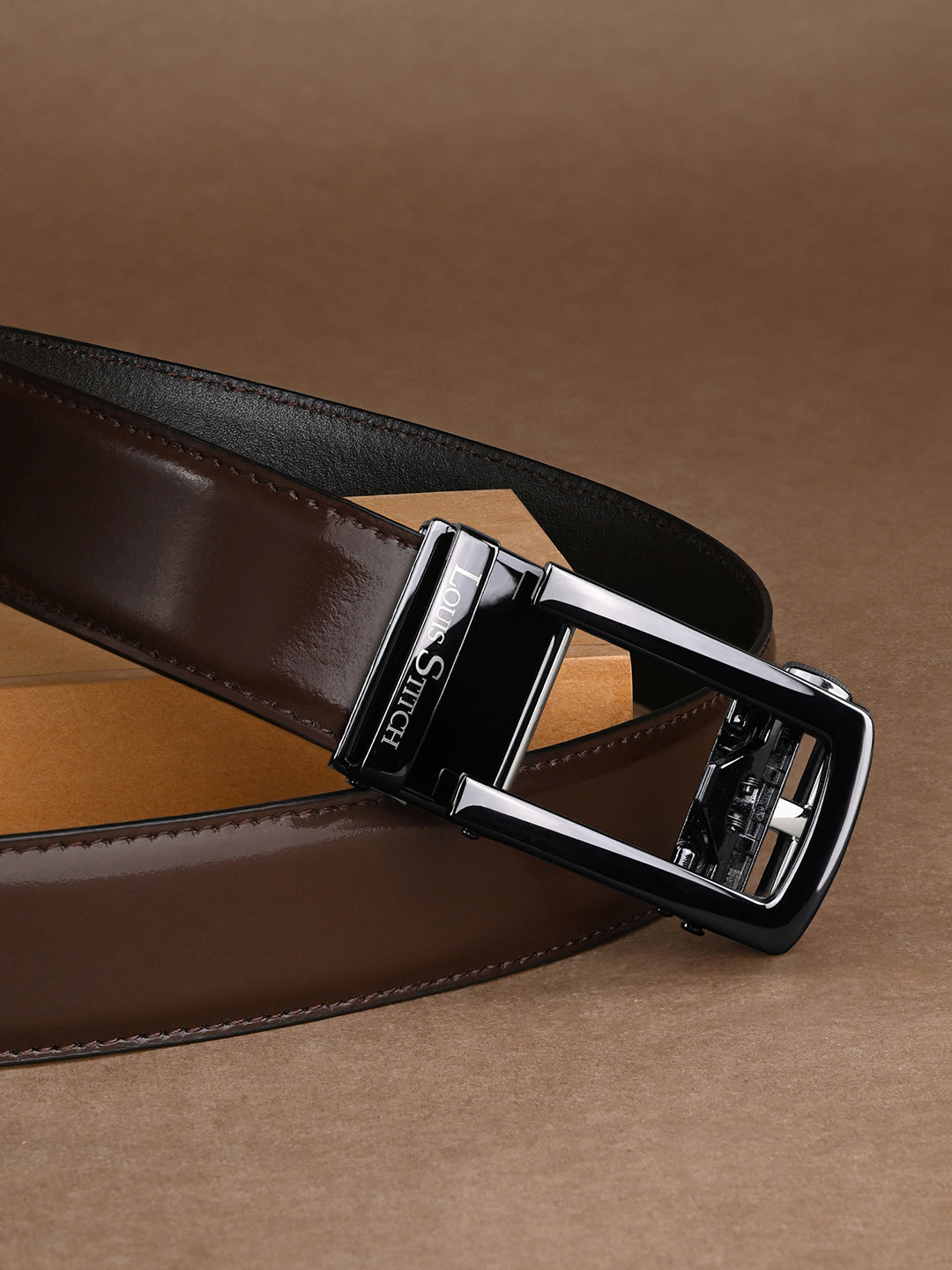 Premium VT Leather Men's Gunmetal Black Buckle Auto Lock Belt