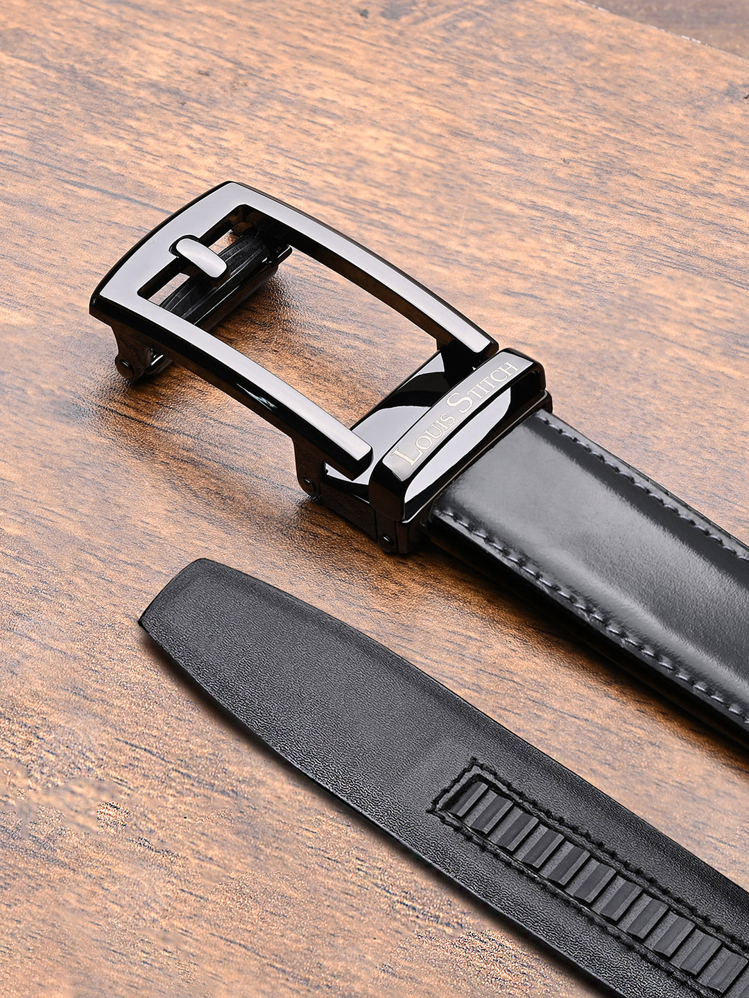 Premium VT Leather Men's Gunmetal Black Buckle Auto Lock Belt
