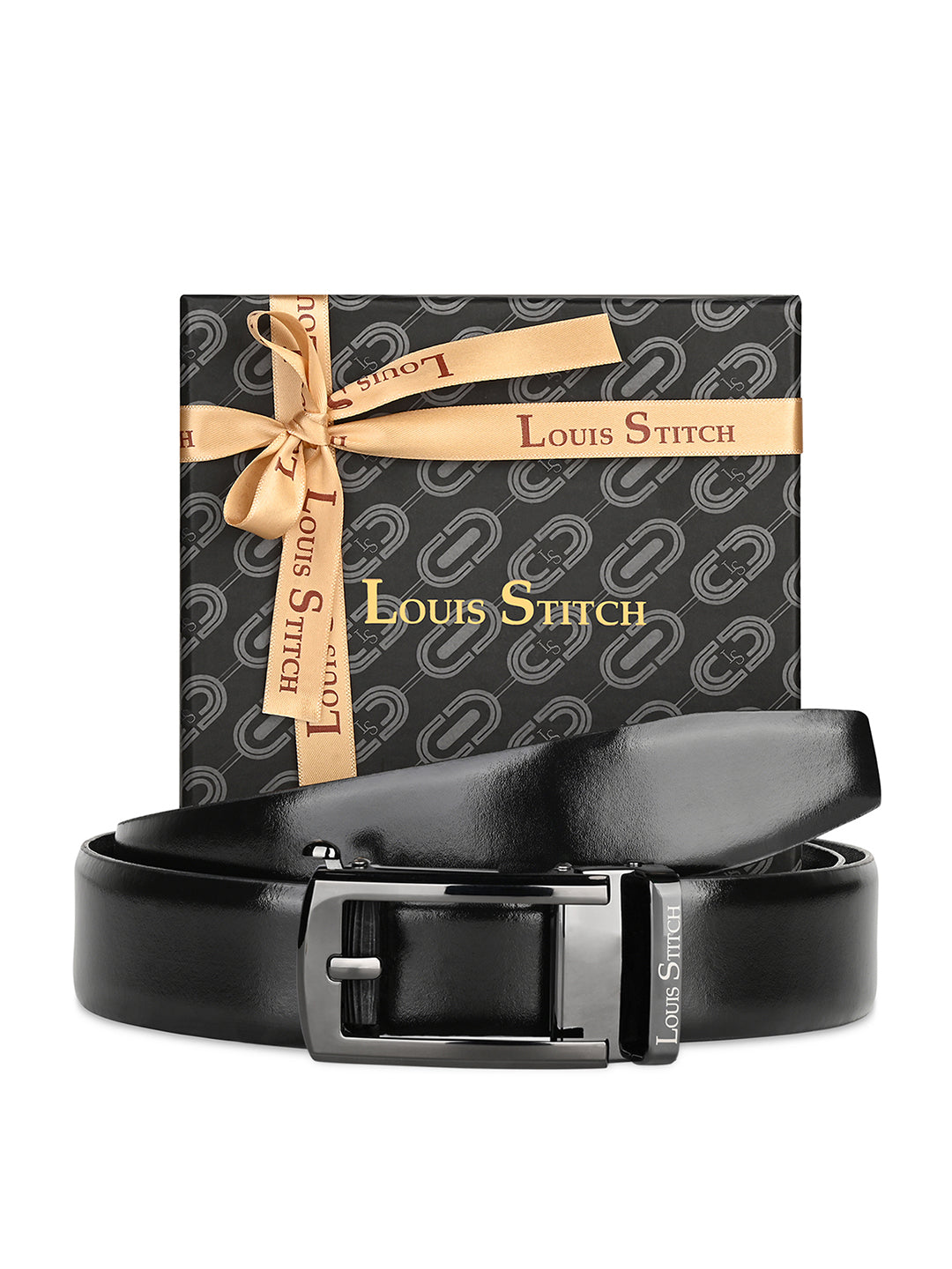 Premium VT Leather Men's Gunmetal Black Buckle Auto Lock Belt