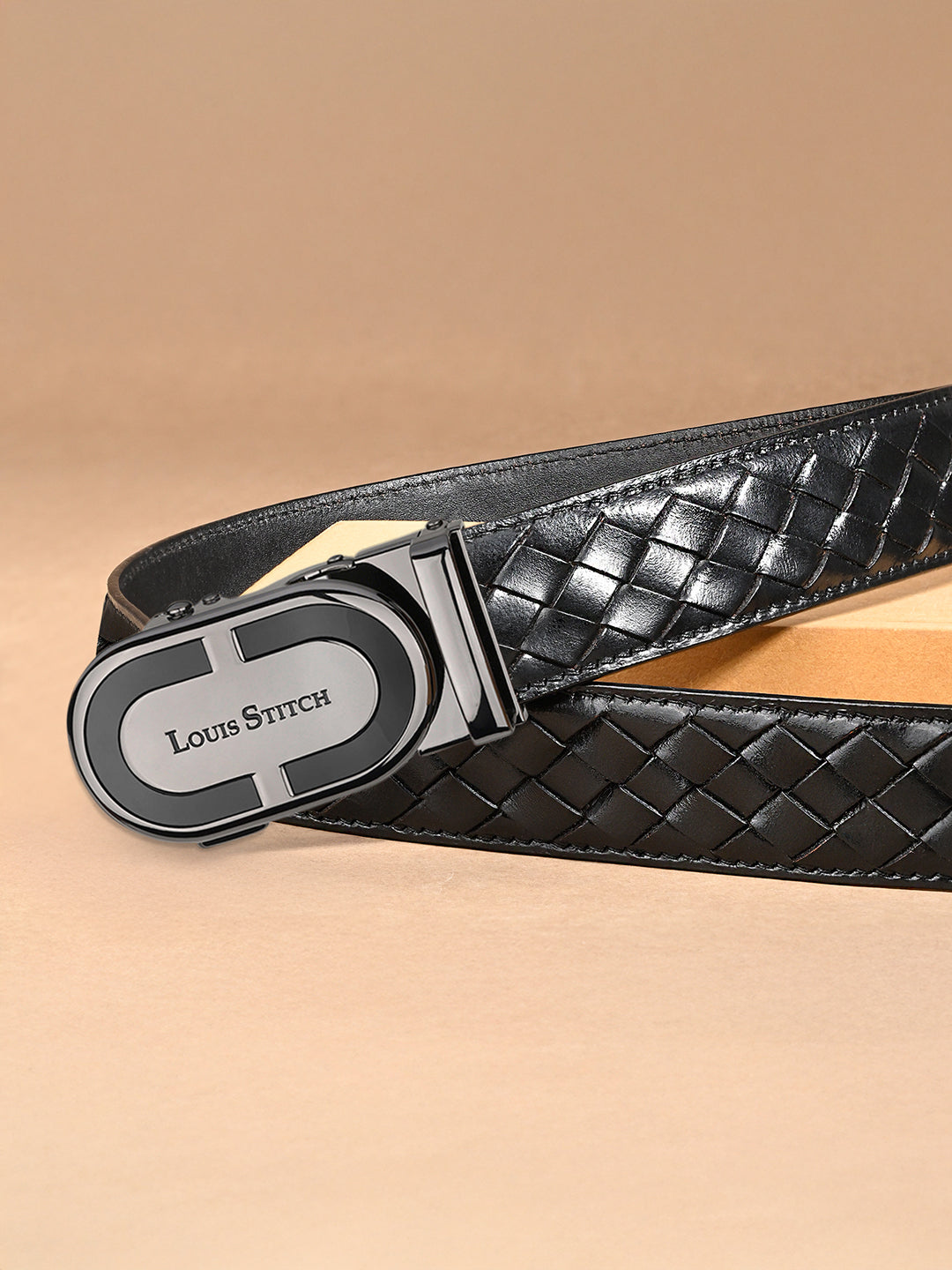 Premium VT Leather Men's Gunmetal Black Buckle Auto Lock Belt