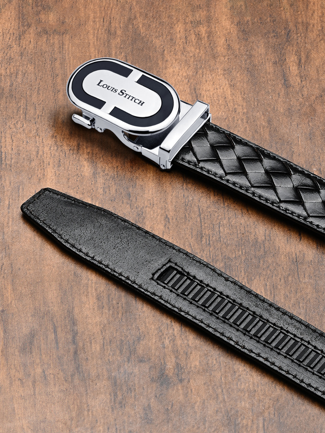 Premium VT Leather Men's Gunmetal Black Buckle Auto Lock Belt