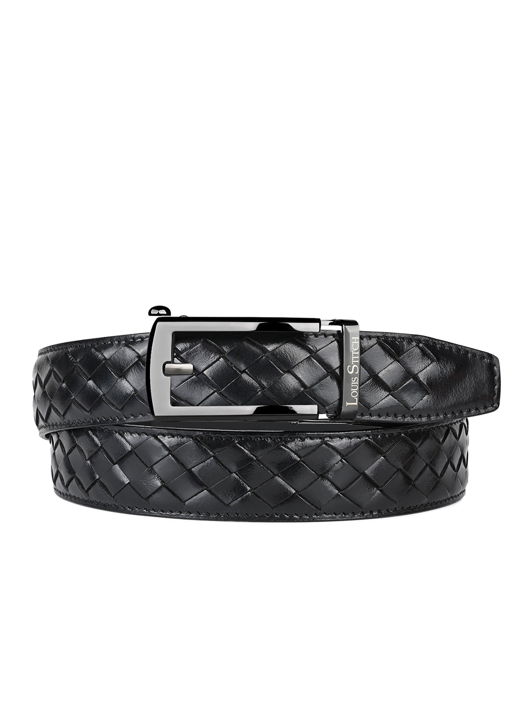 Premium VT Leather Men's Gunmetal Black Buckle Auto Lock Belt