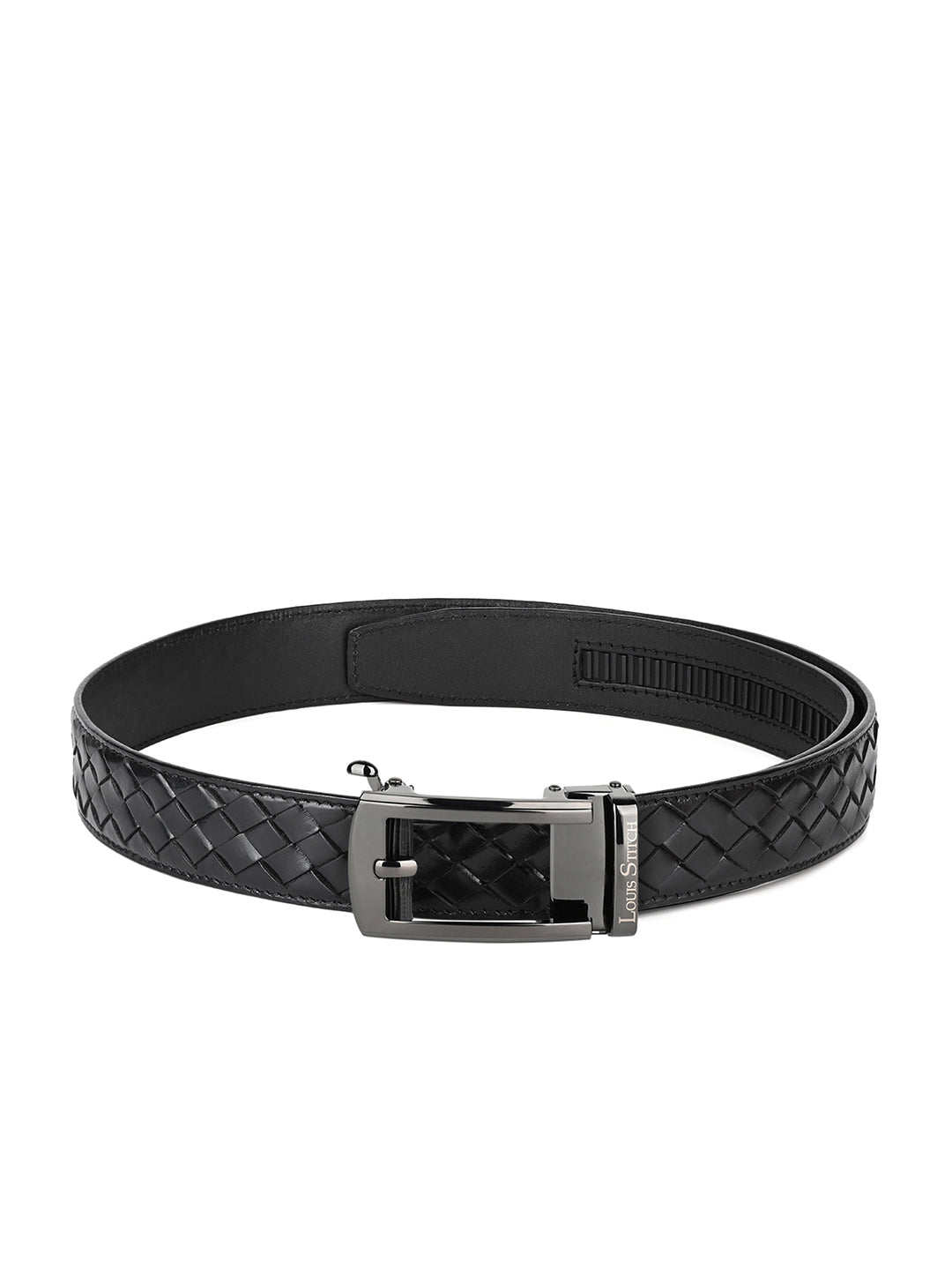 Premium VT Leather Men's Gunmetal Black Buckle Auto Lock Belt