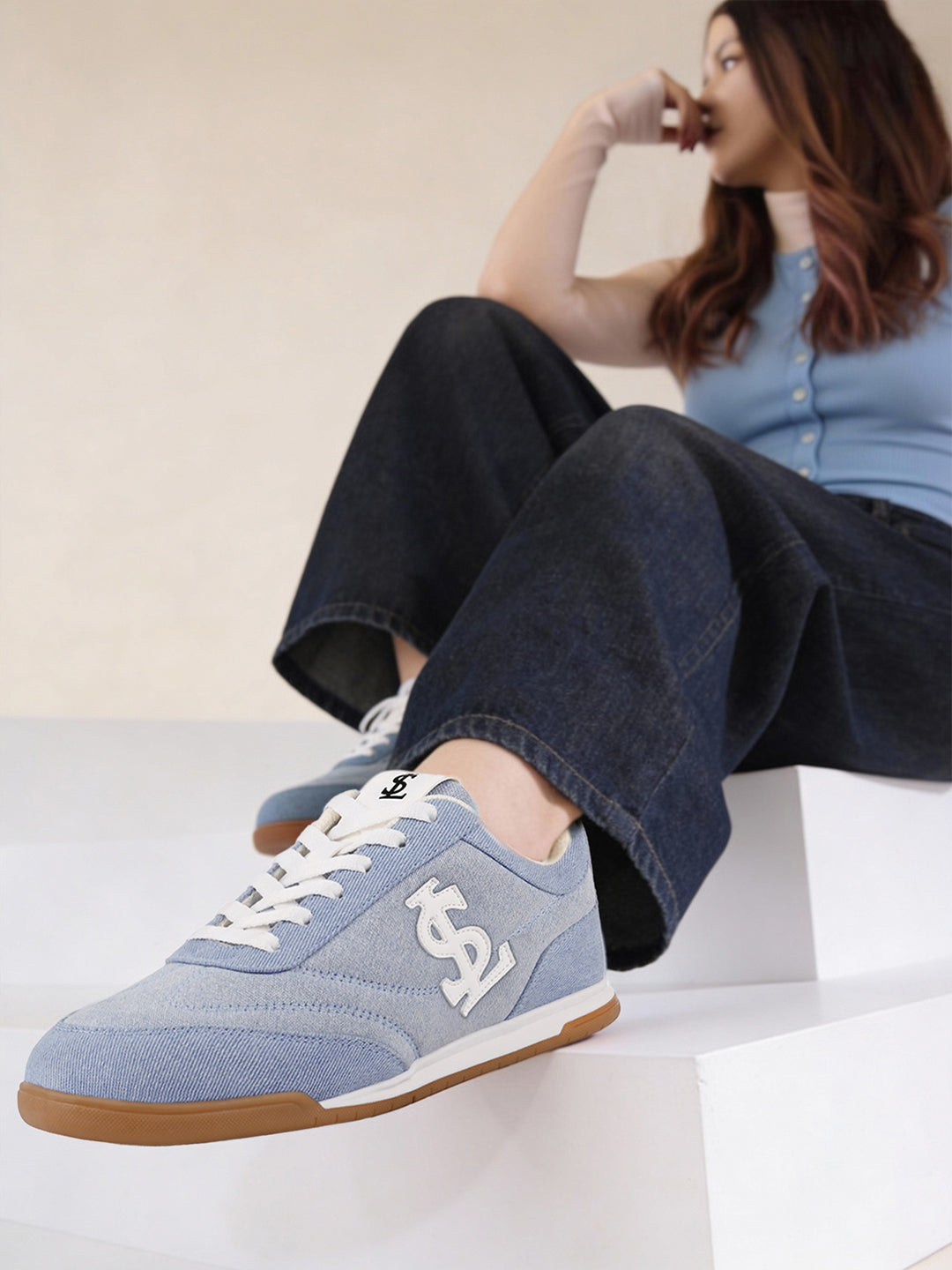 Women's Sky Blue Lightweight and Comfortable Casual Lace-Up Denim Sneakers