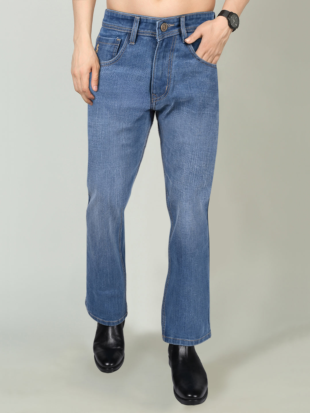 Men's Blue Mid Rise Light Faded Bootcut Fit Jeans