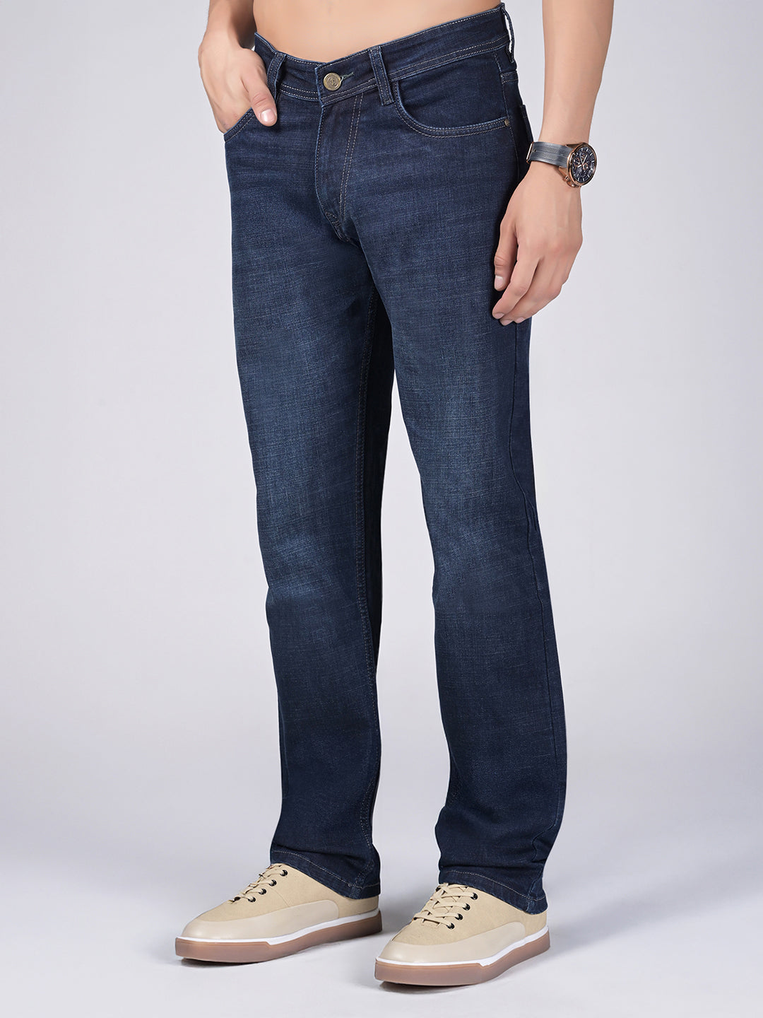 Men's Blue Mid Rise Raw Wash Regular Fit Jeans
