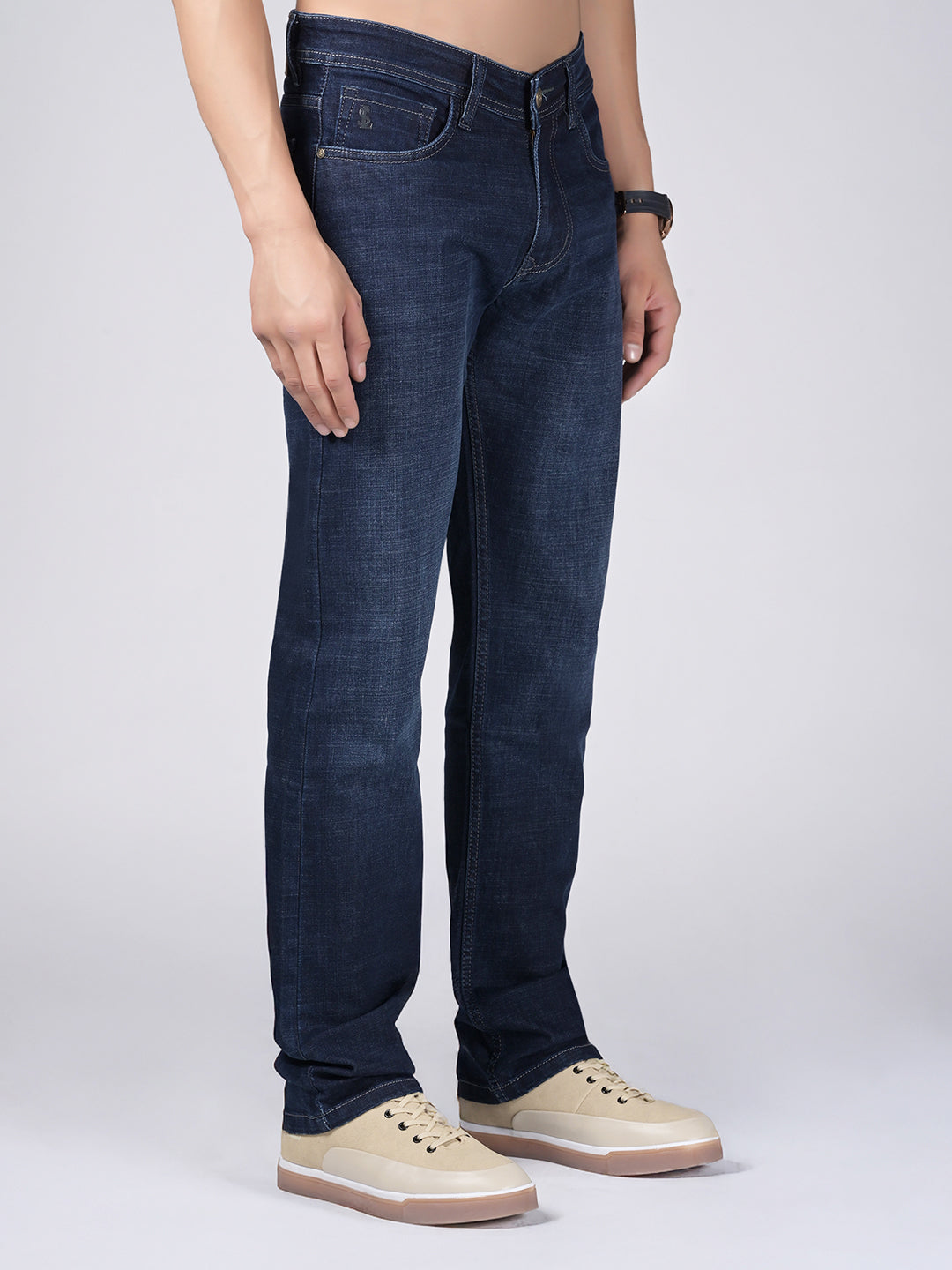 Men's Blue Mid Rise Raw Wash Regular Fit Jeans