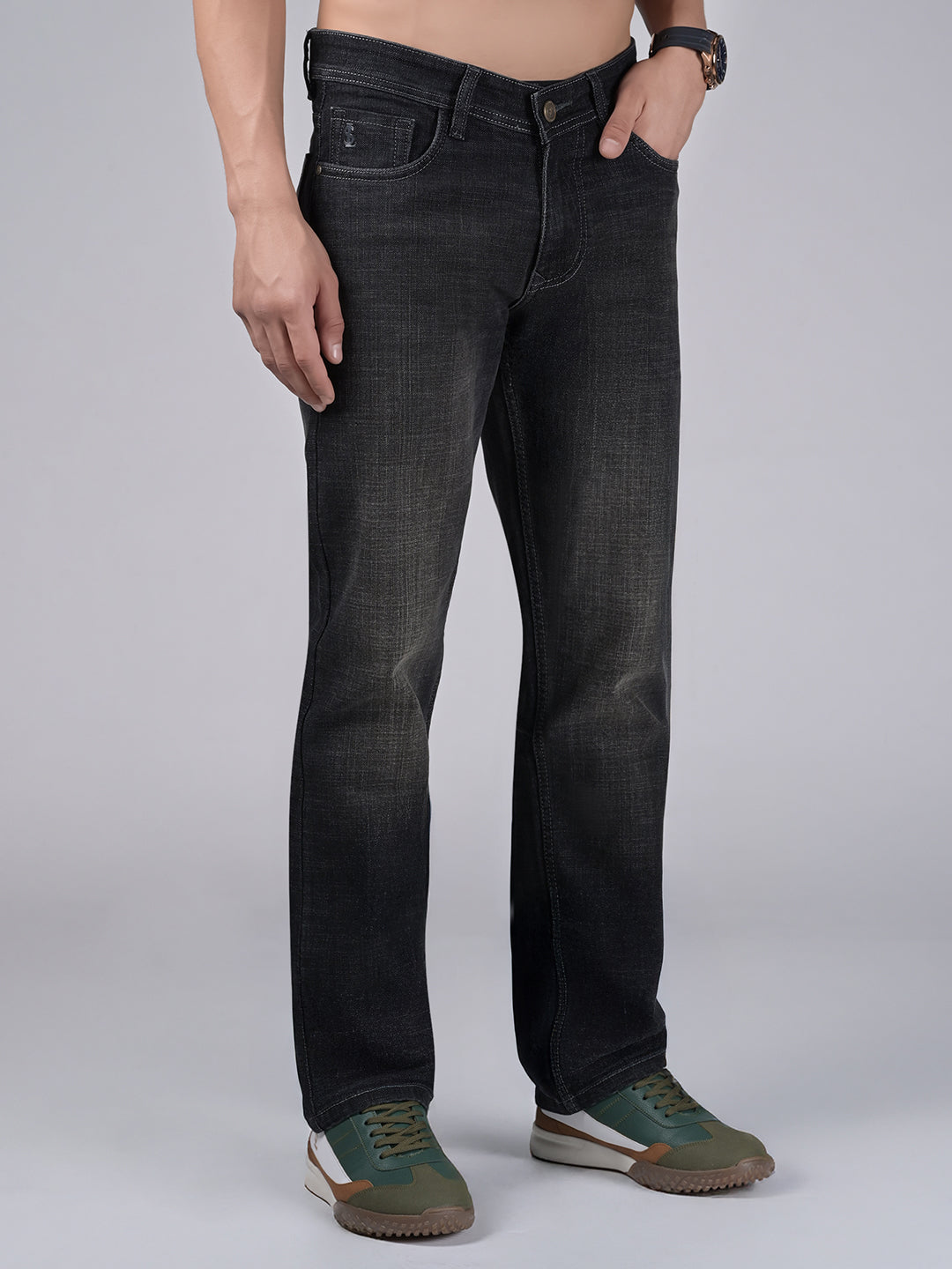 Men's Grey Mid Rise Raw Wash Regular Fit Jeans