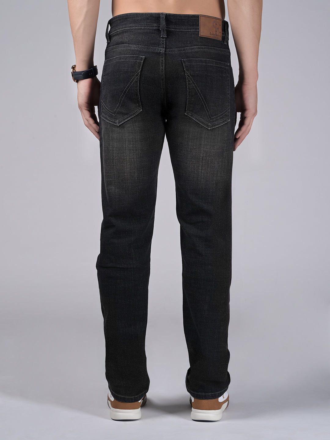 Men's Grey Mid Rise Raw Wash Regular Fit Jeans