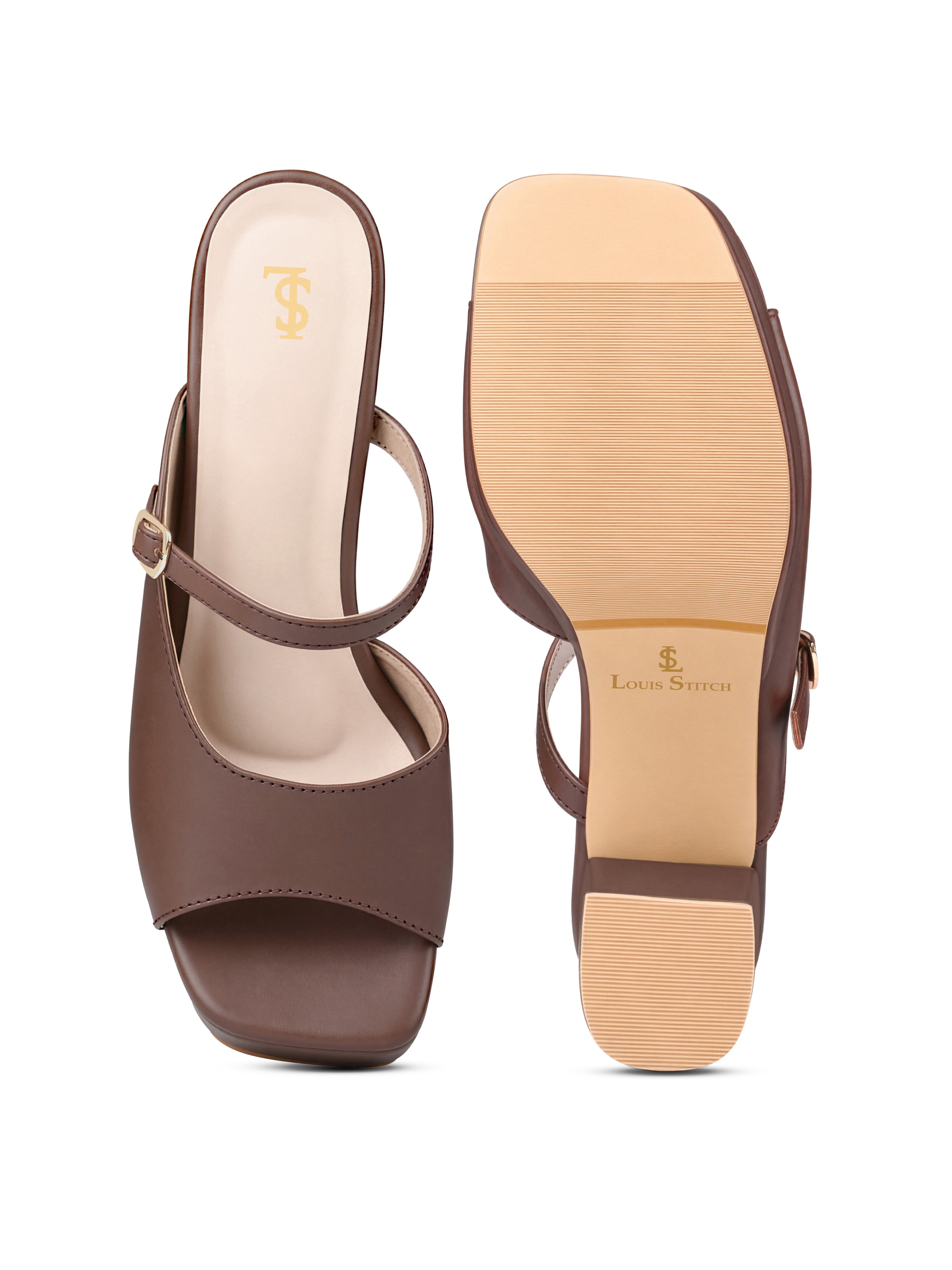 Women's  Brown Block Heel Slip-On Sandals