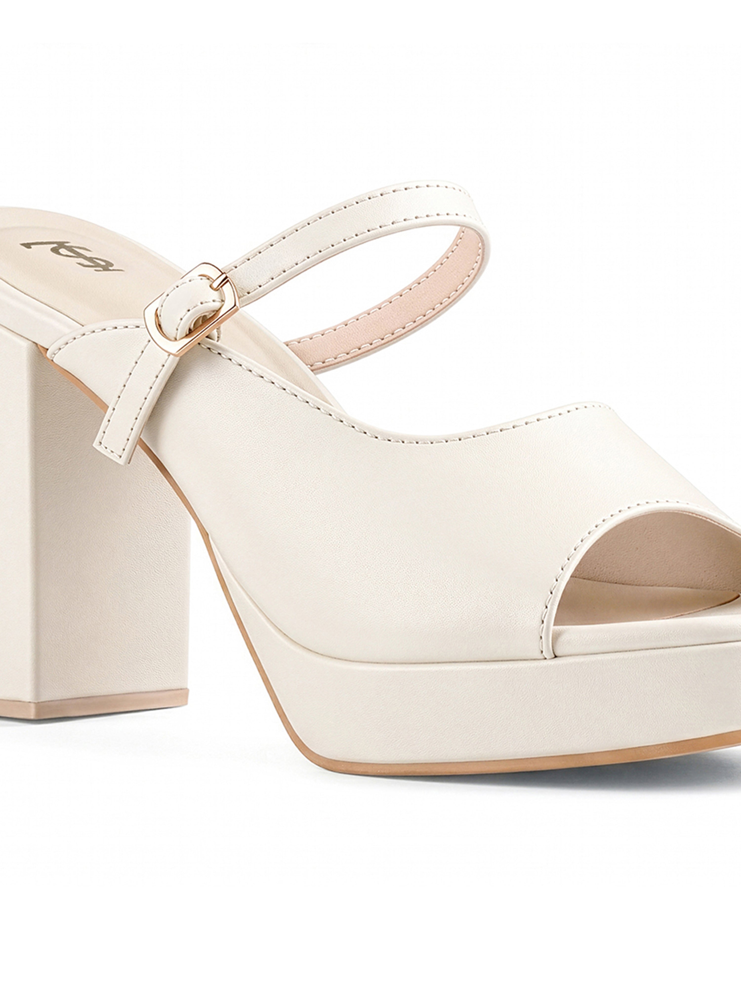 Women's White Block Heel Slip-On Sandals