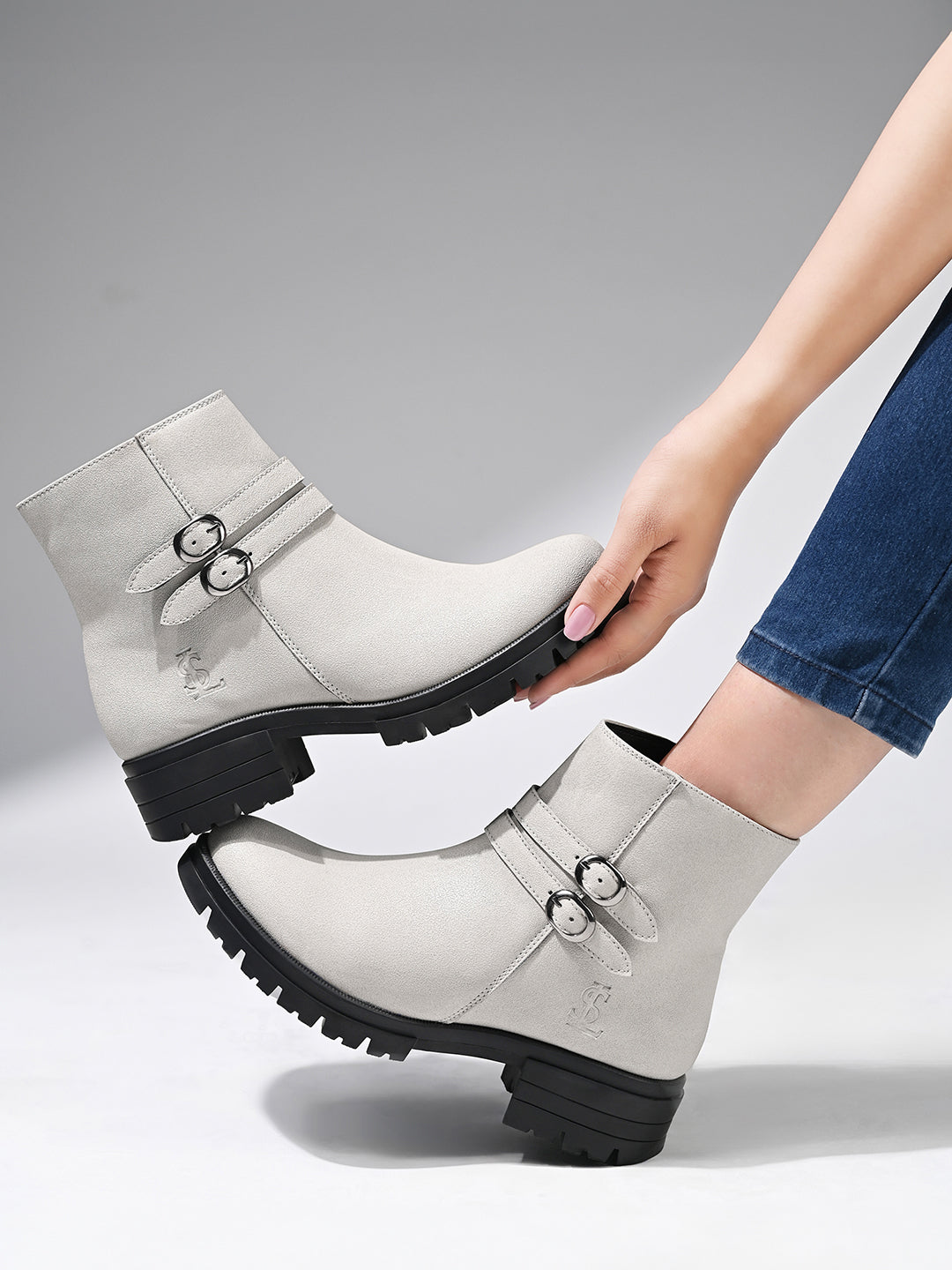 Women's Beige Elegant Mid-Top Double Buckle Slip-On Chelsea Boots