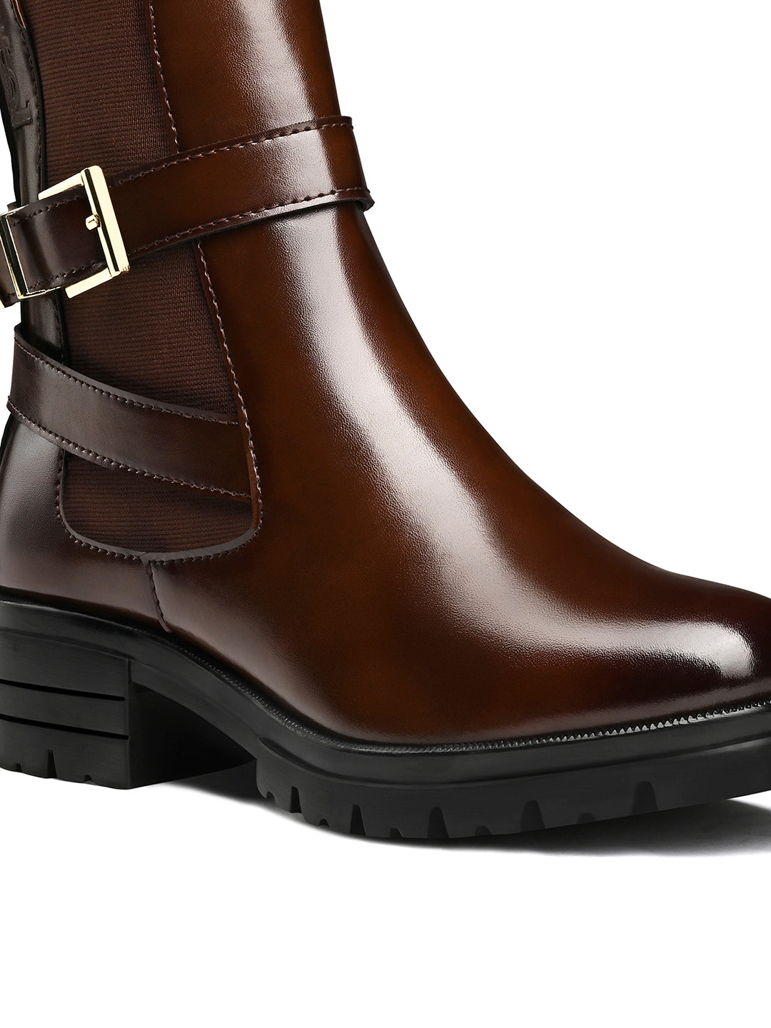 Espresso Brown High Ankle Slip-On Long Boots with Buckle