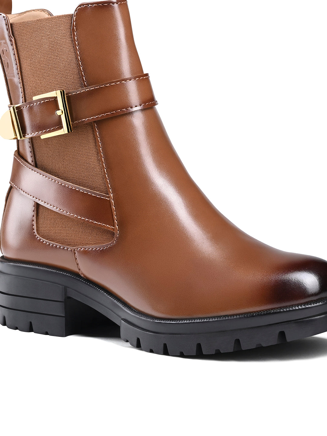 Maple Tan High Ankle Slip-On Long Boots with Buckle