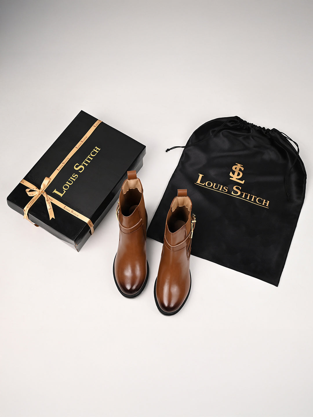 Maple Tan High Ankle Slip-On Long Boots with Buckle