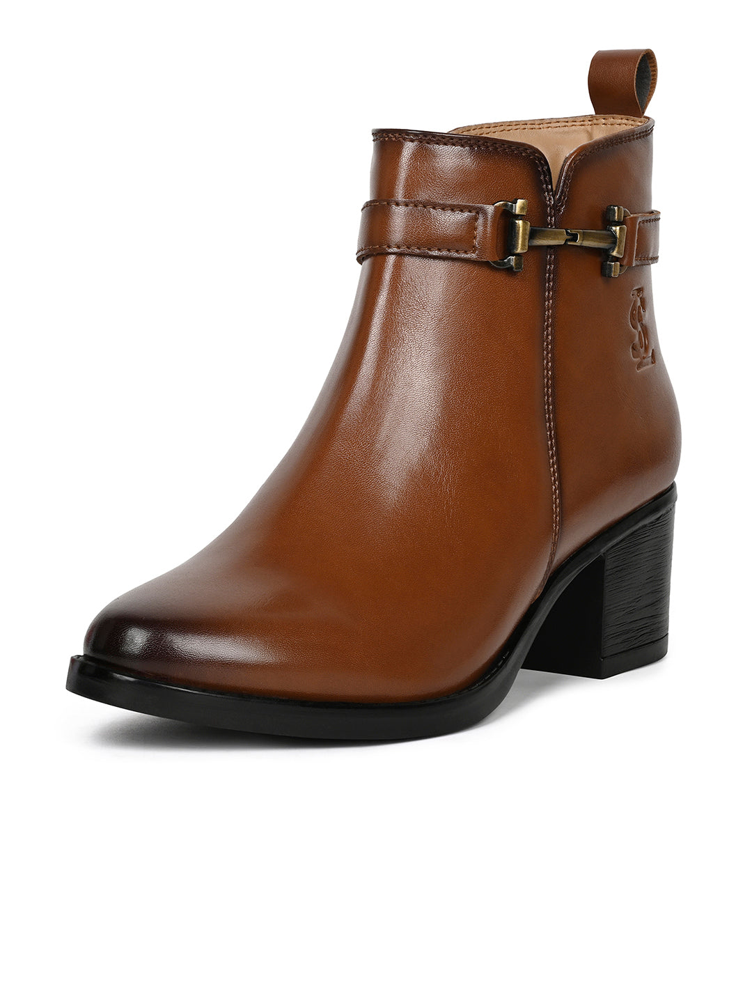 Women's Tan Elegant Mid-Top Antique Buckle Slip-On Chelsea Boots