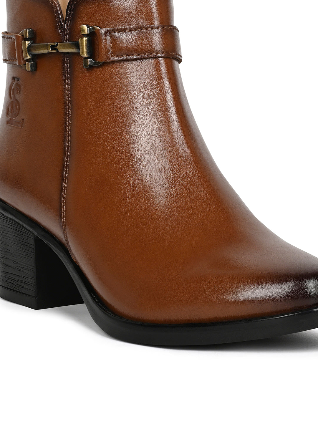 Women's Tan Elegant Mid-Top Antique Buckle Slip-On Chelsea Boots