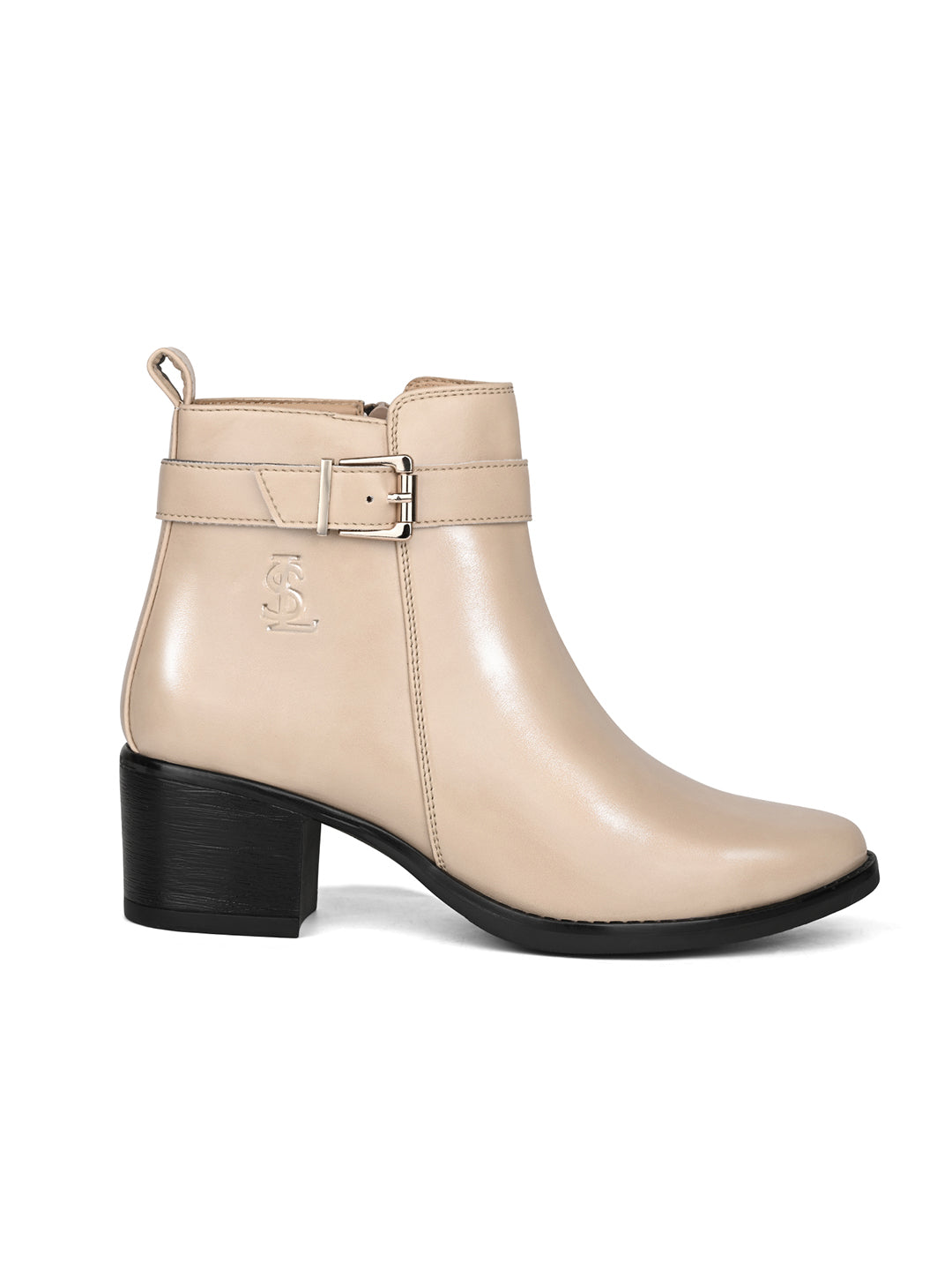 Women's Beige Elegant Mid-Top Neck Belt Buckle Slip-On Chelsea Boots