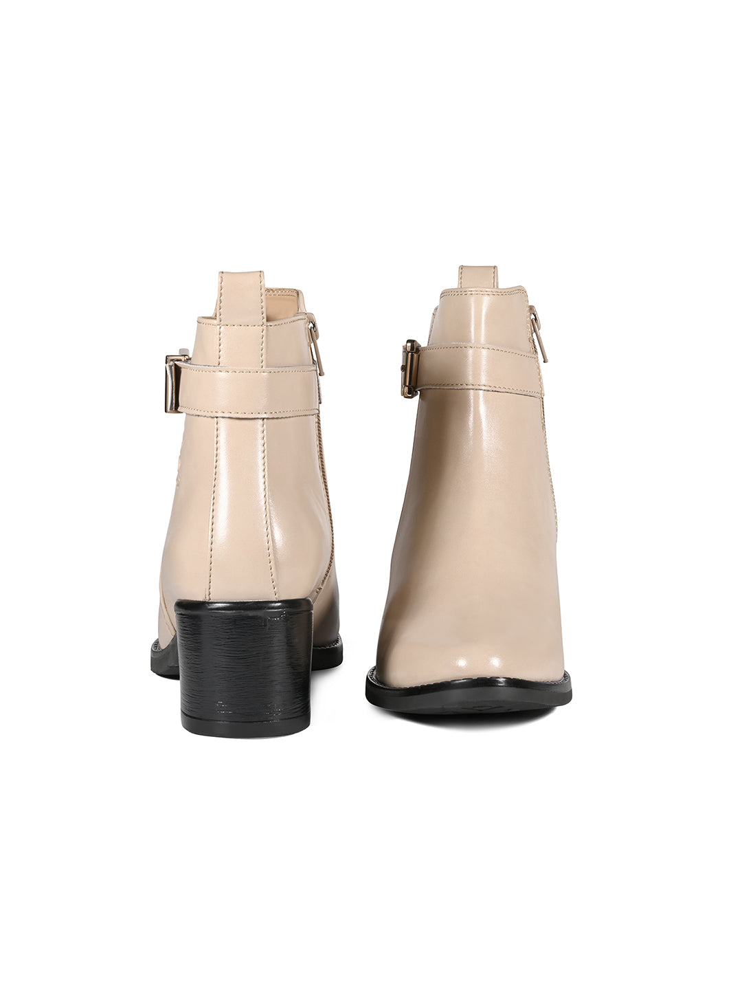 Women's Beige Elegant Mid-Top Neck Belt Buckle Slip-On Chelsea Boots