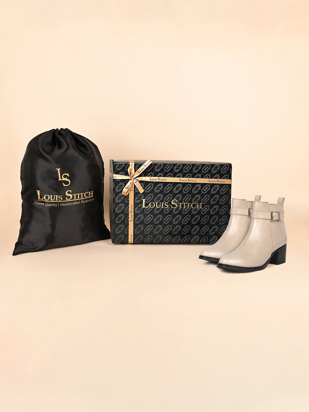 Women's Beige Elegant Mid-Top Neck Belt Buckle Slip-On Chelsea Boots