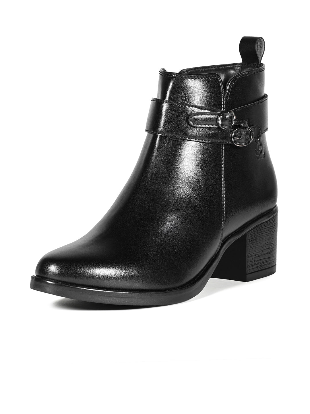 Women's Black Elegant Mid-Top Double Buckle Slip-On Chelsea Boots