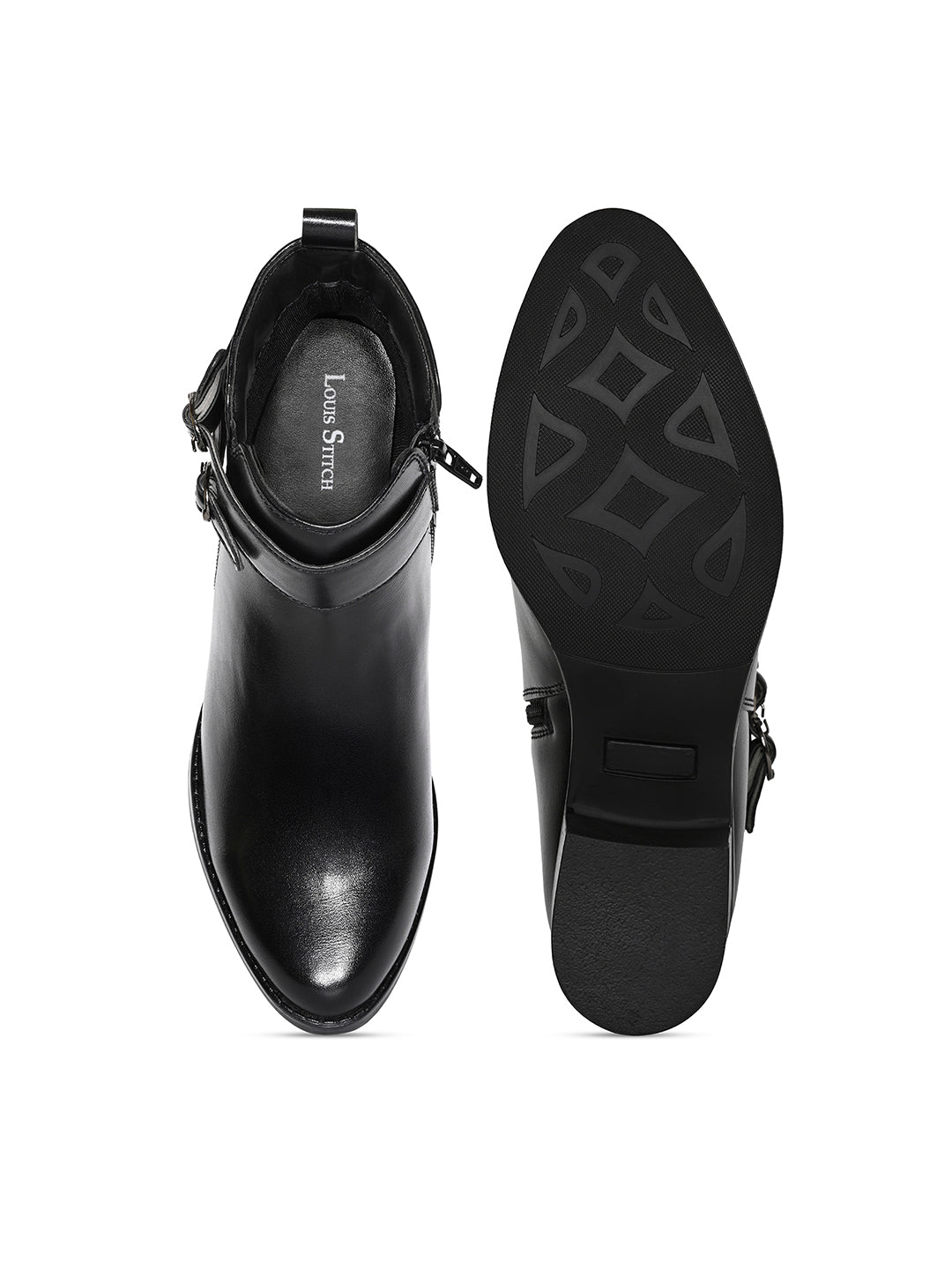 Women's Black Elegant Mid-Top Double Buckle Slip-On Chelsea Boots