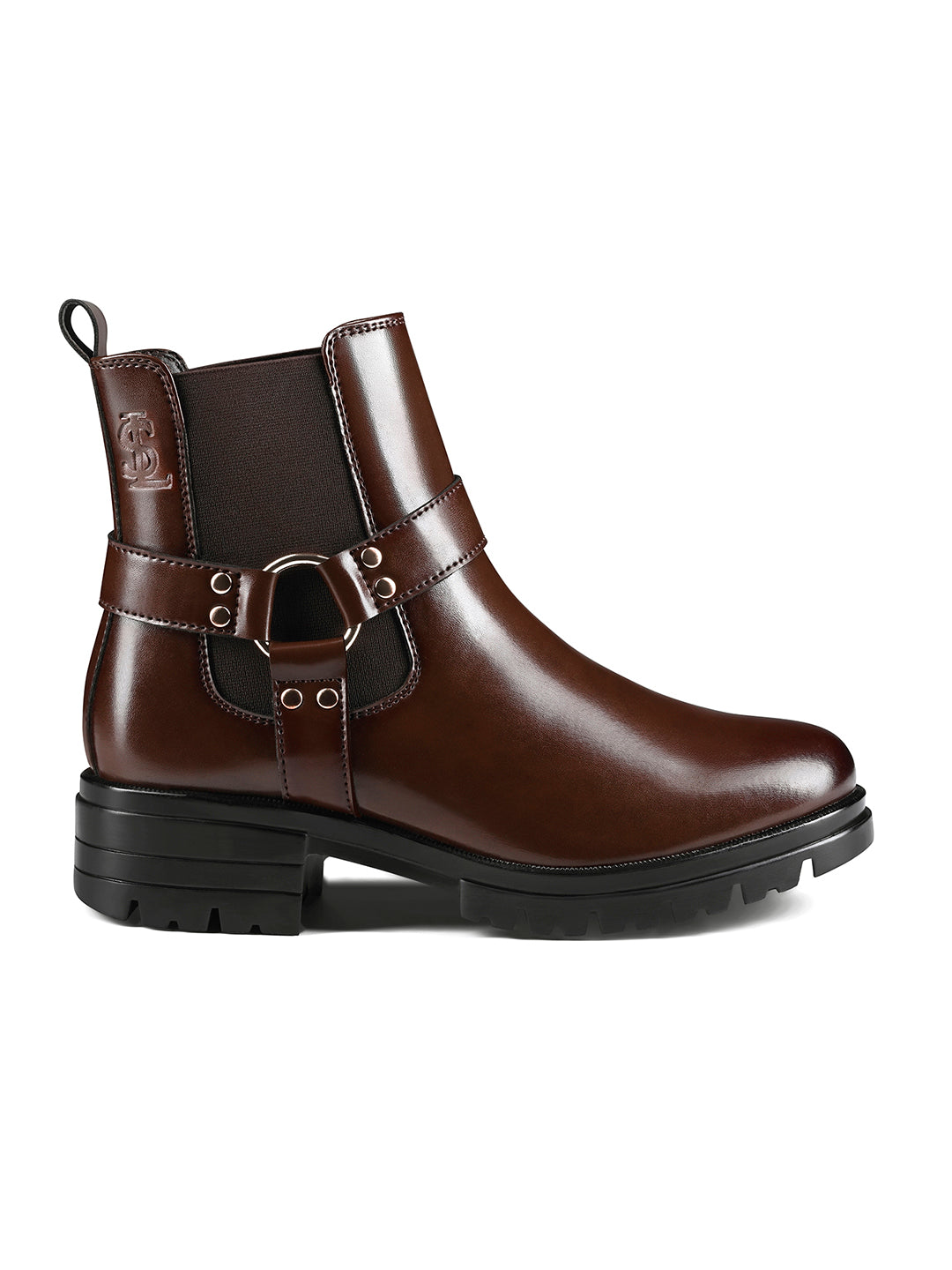Espresso Brown High Ankle Round Buckle Slip-On Long Boots