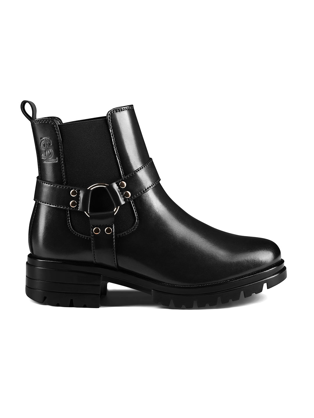 Signature Black High Ankle Round Buckle Slip-On Long Boots