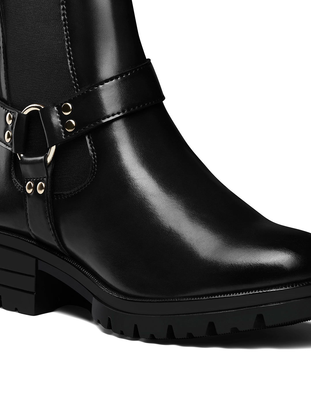 Signature Black High Ankle Round Buckle Slip-On Long Boots