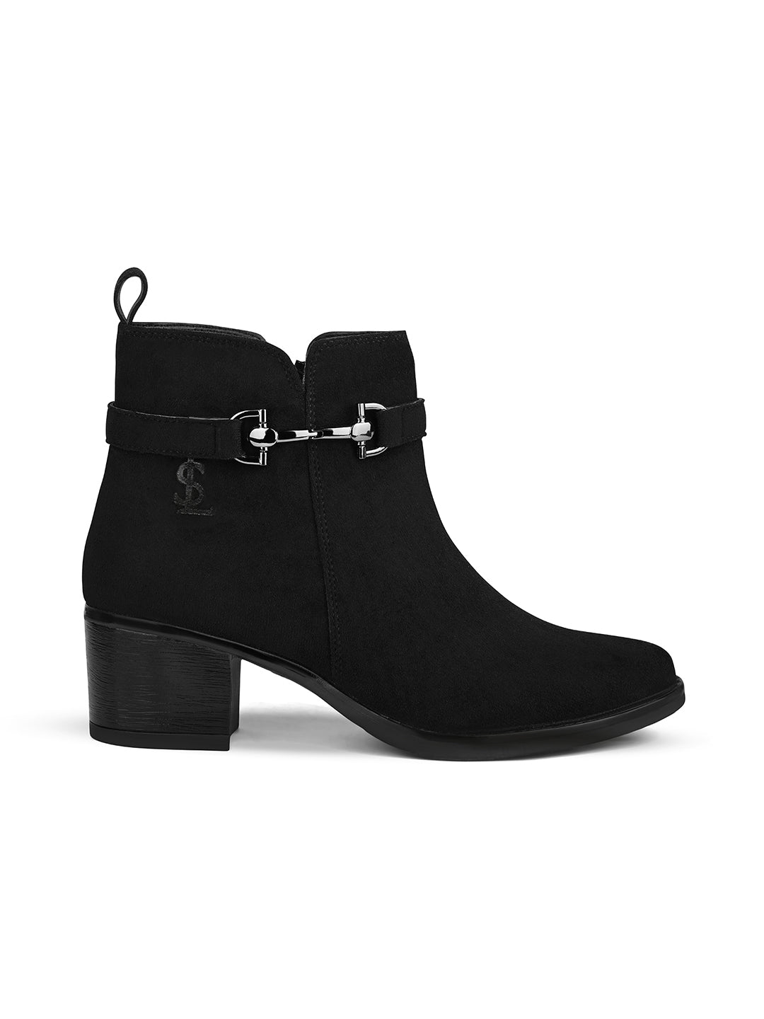 Women's Black Elegant Mid-Top Neck Belt Buckle Slip-On Chelsea Boots