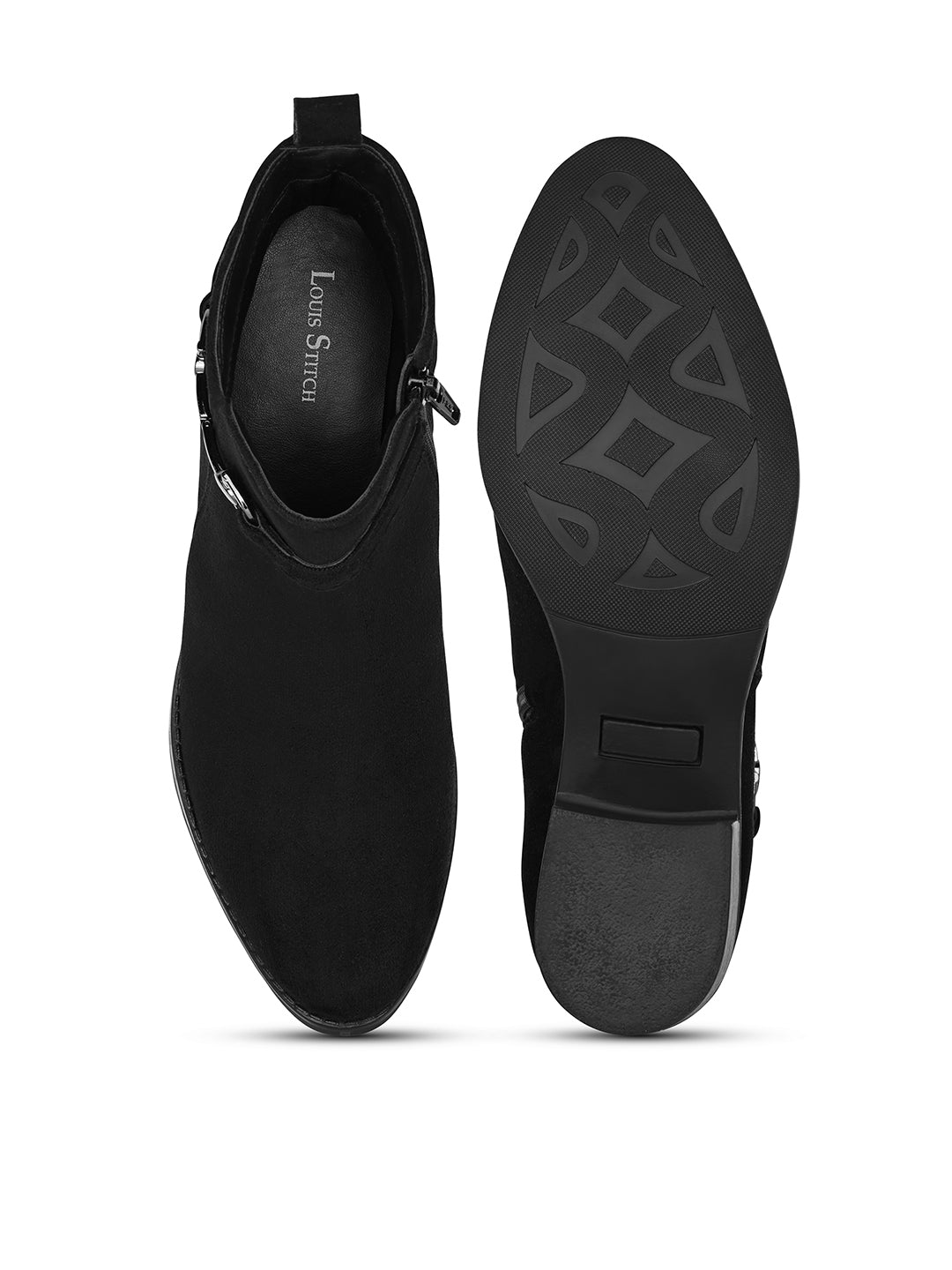 Women's Black Elegant Mid-Top Neck Belt Buckle Slip-On Chelsea Boots