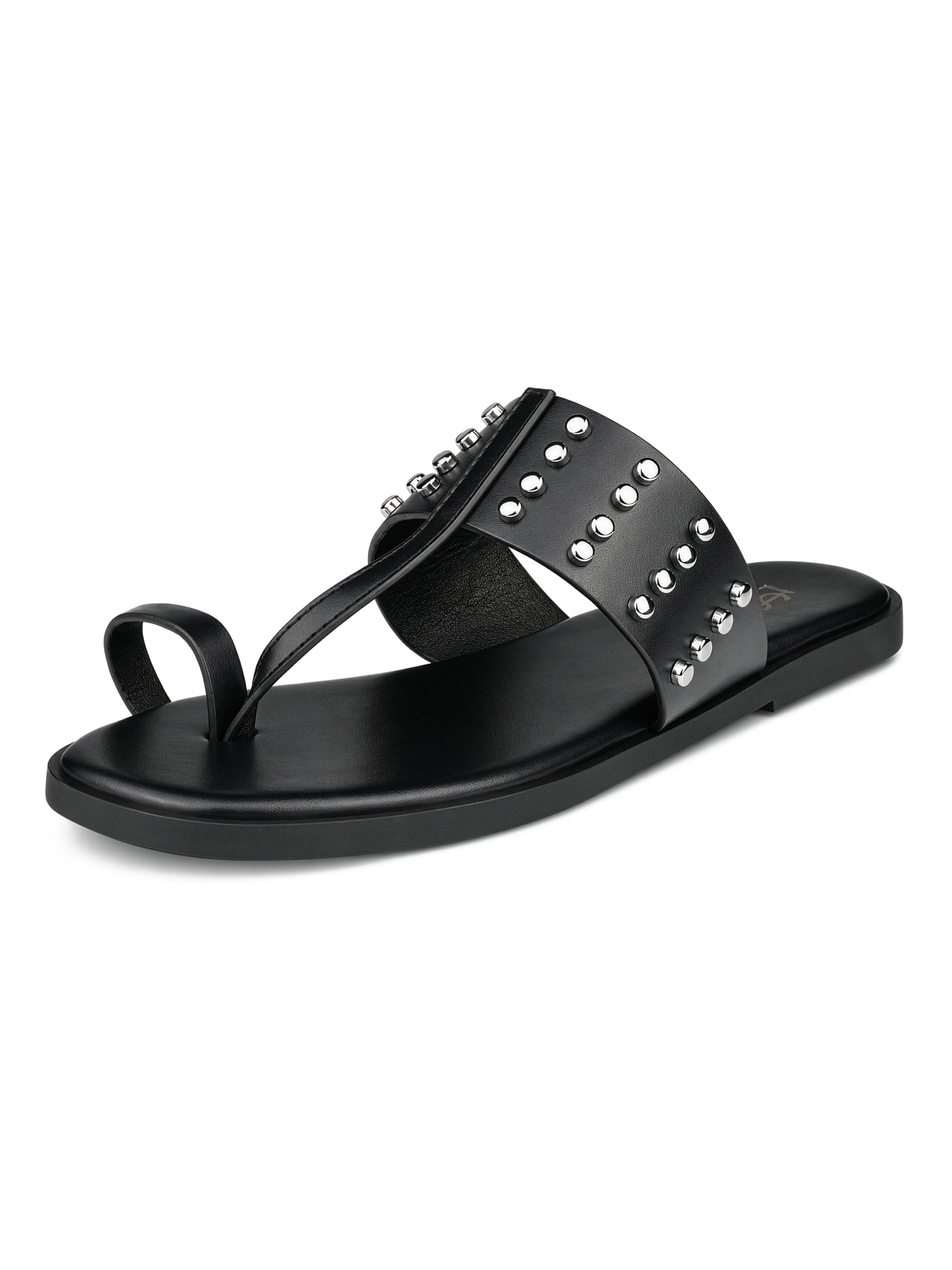Women's Black Toe-Ring Embellished Beads Sandals