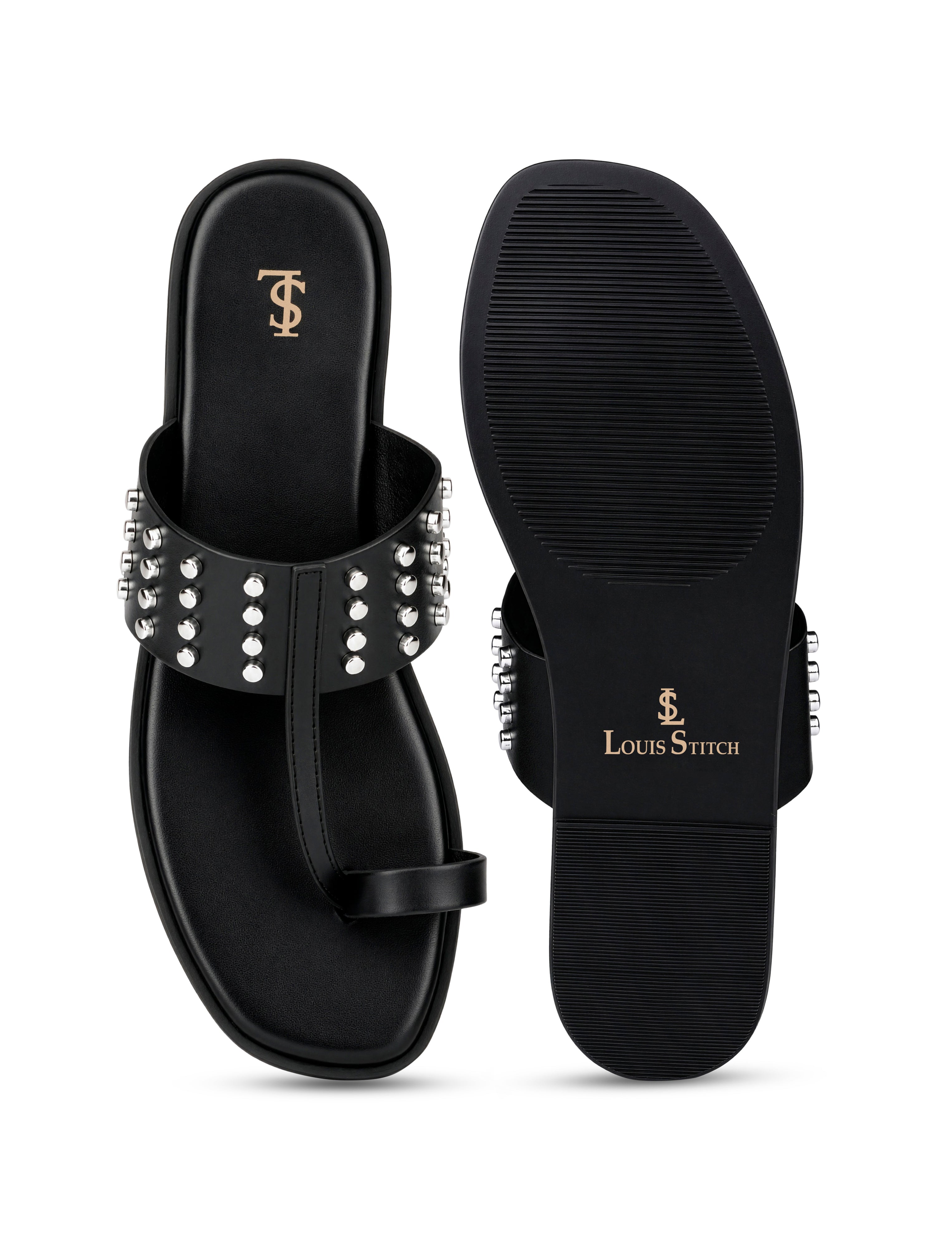Women's Black Toe-Ring Embellished Beads Sandals