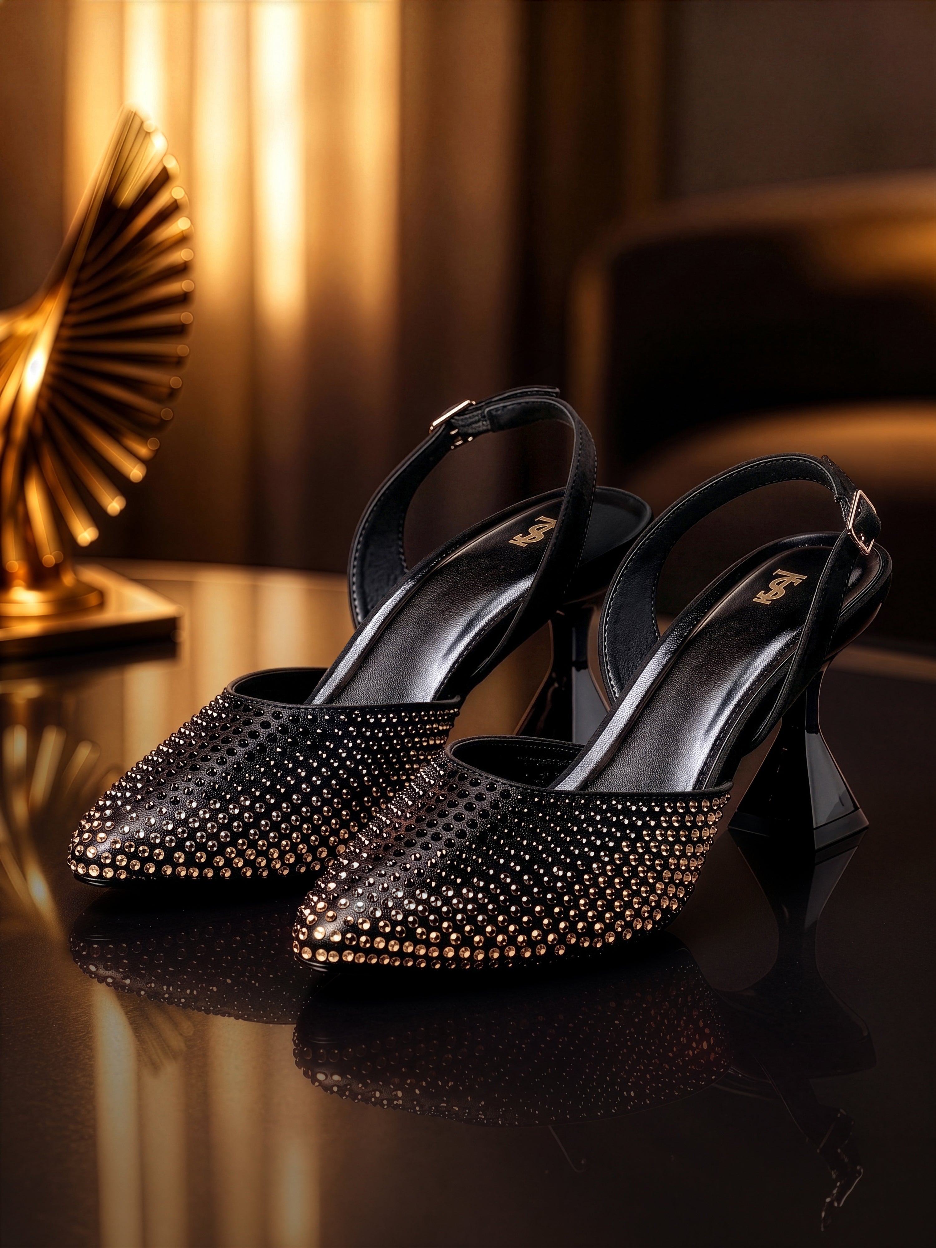 Women's Black Rhinestone Slingback Heel Sandals 