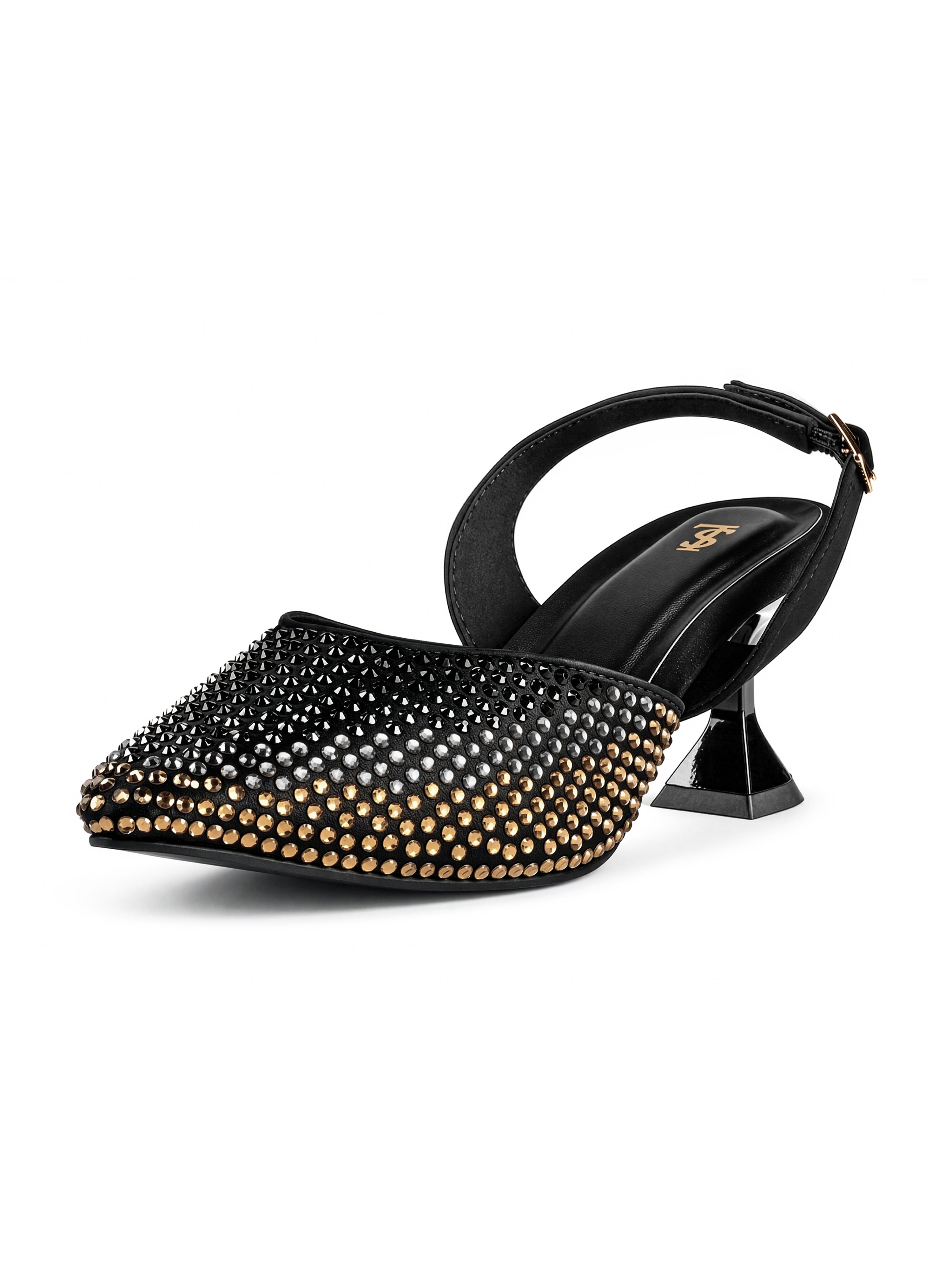 Women's Black Rhinestone Slingback Heel Sandals
