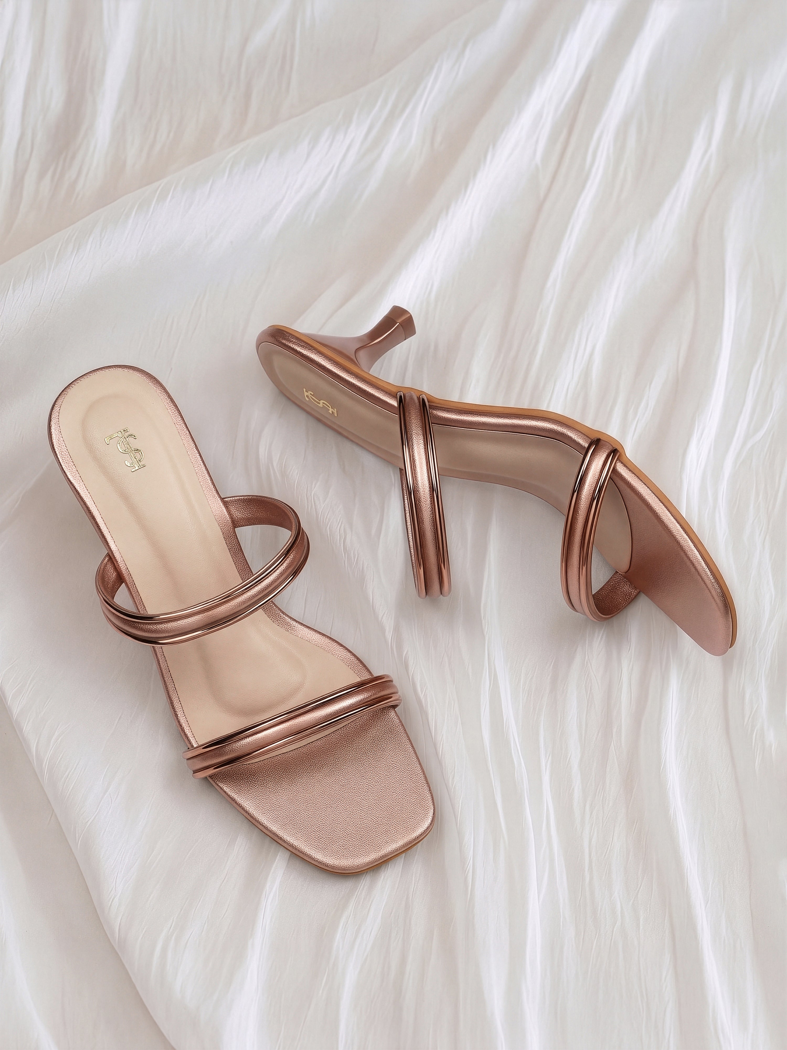 Women's Glossy Gold Dual-Strap Heel Sandals