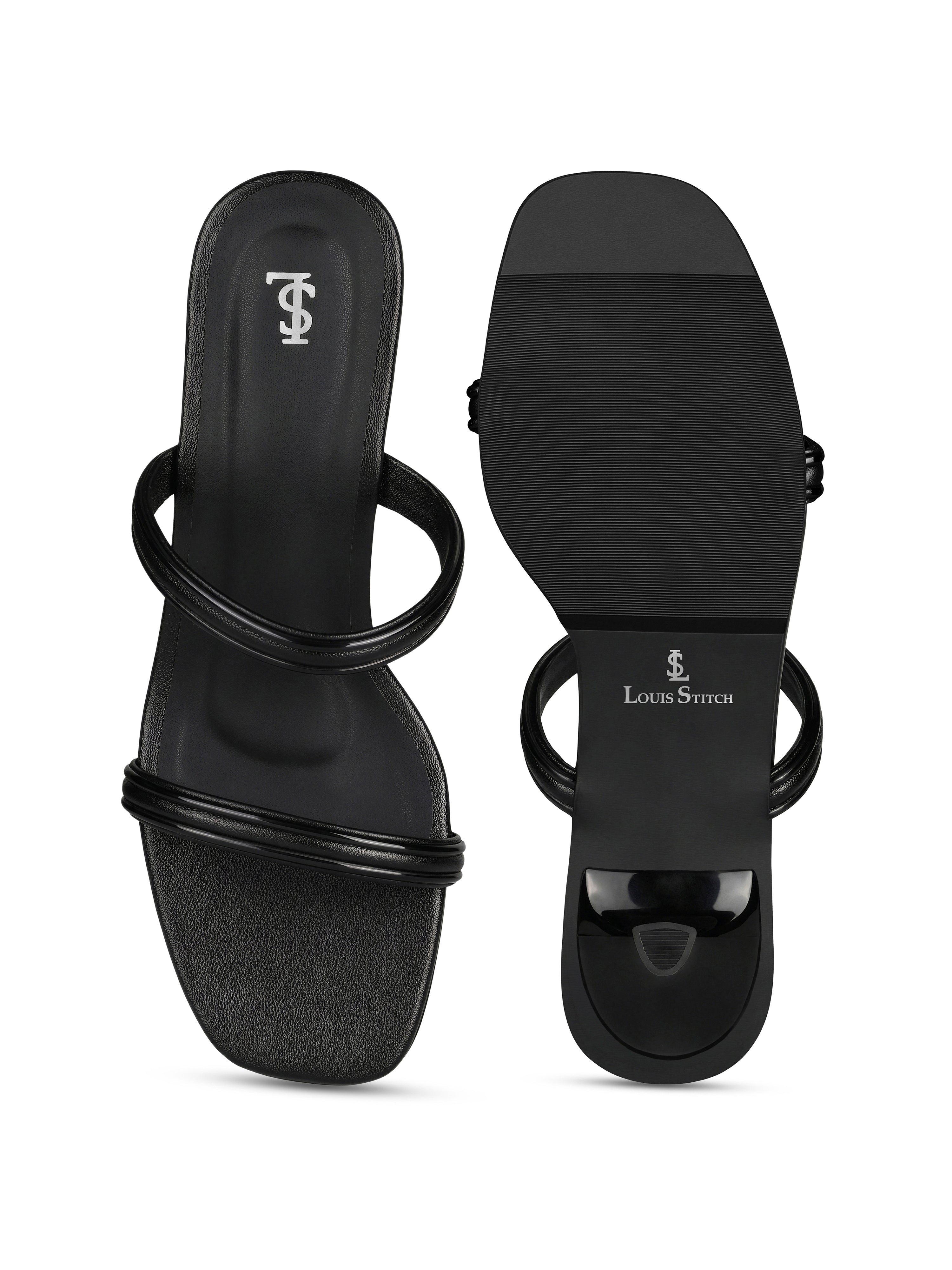 Women's Glossy Black Dual-Strap Heel Sandals