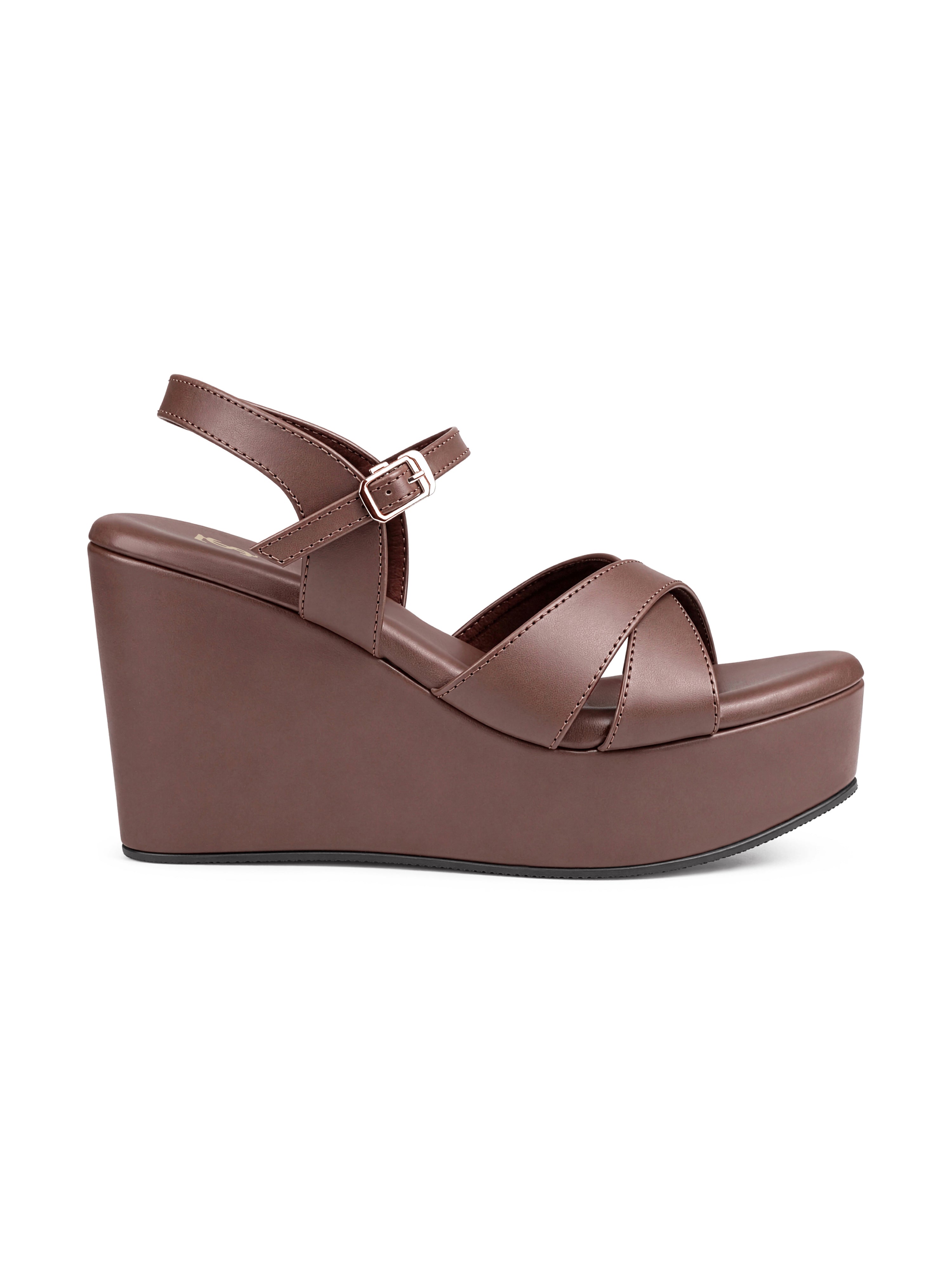 Women's Brown Cross-Strap Wedge Heel Sandals