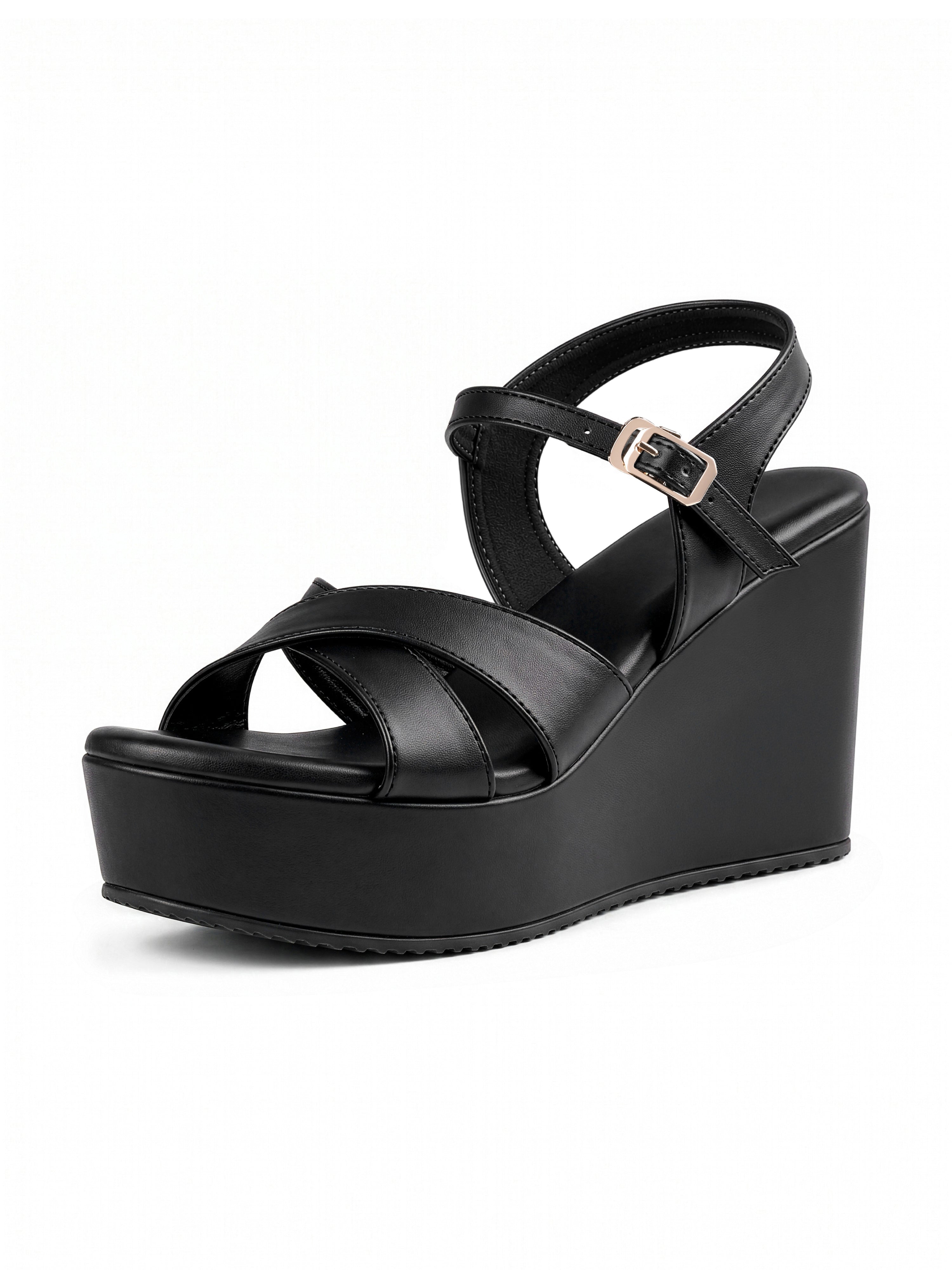 Women's Black Cross-Strap Wedge Heel Sandals