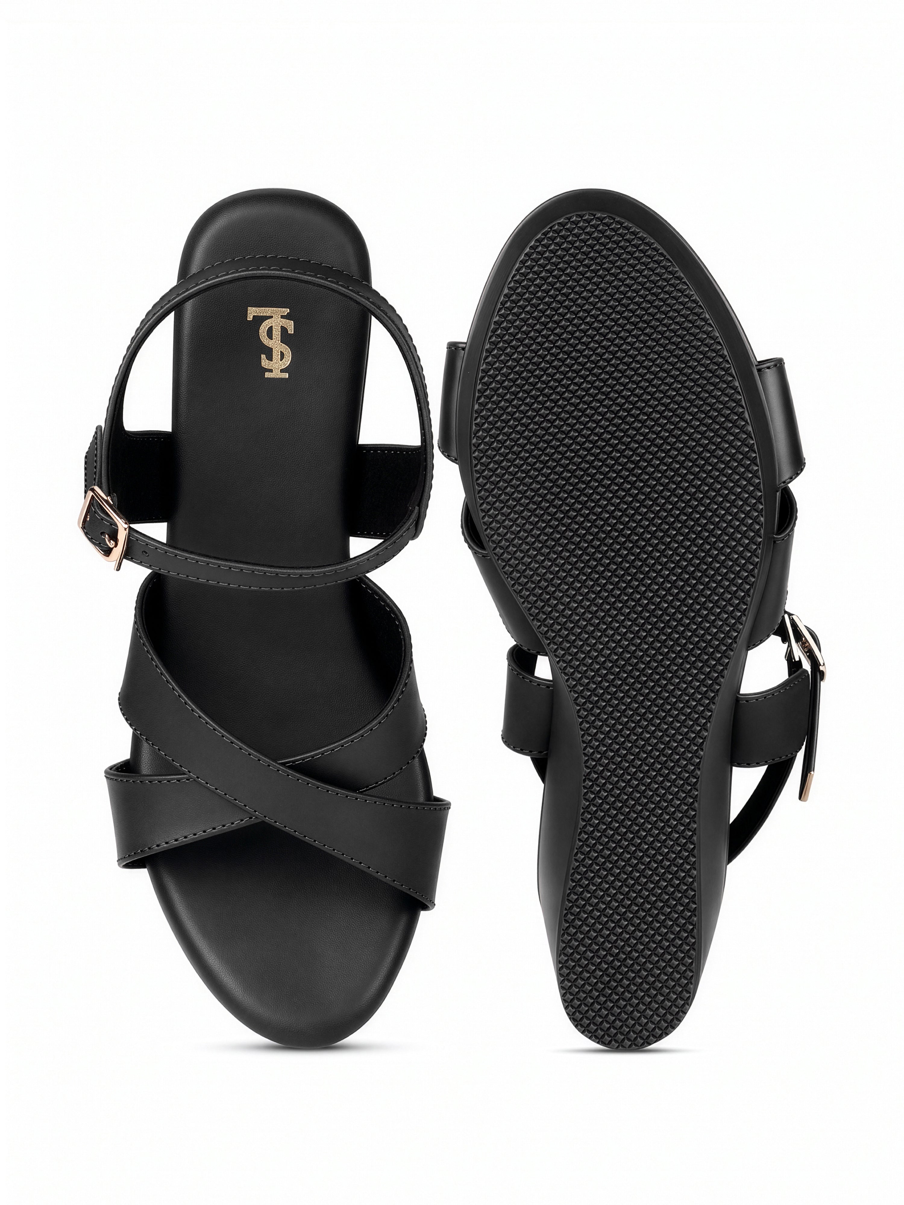 Women's Black Cross-Strap Wedge Heel Sandals