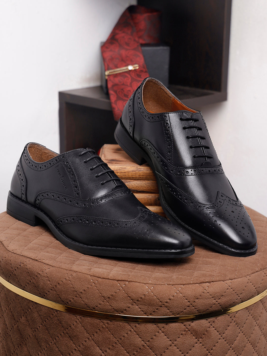 Jet Black Egyptian Crust Leather Brogue Shoes