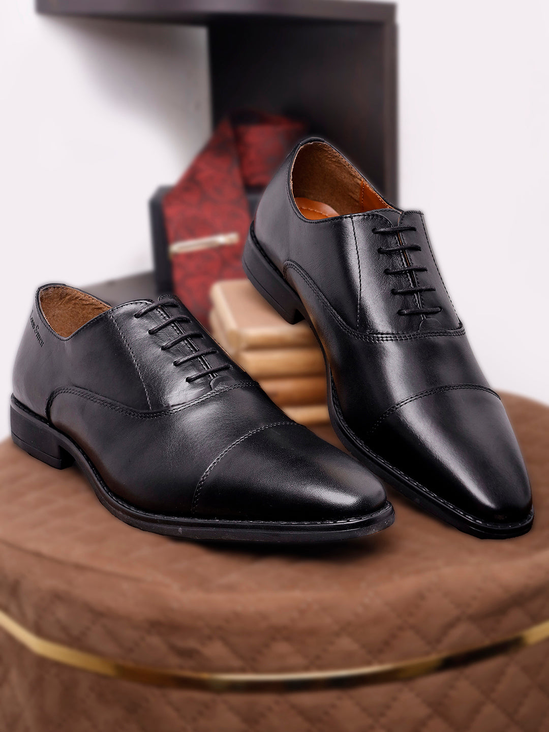 Jet Black Egyptian Crust Leather Derby Shoes