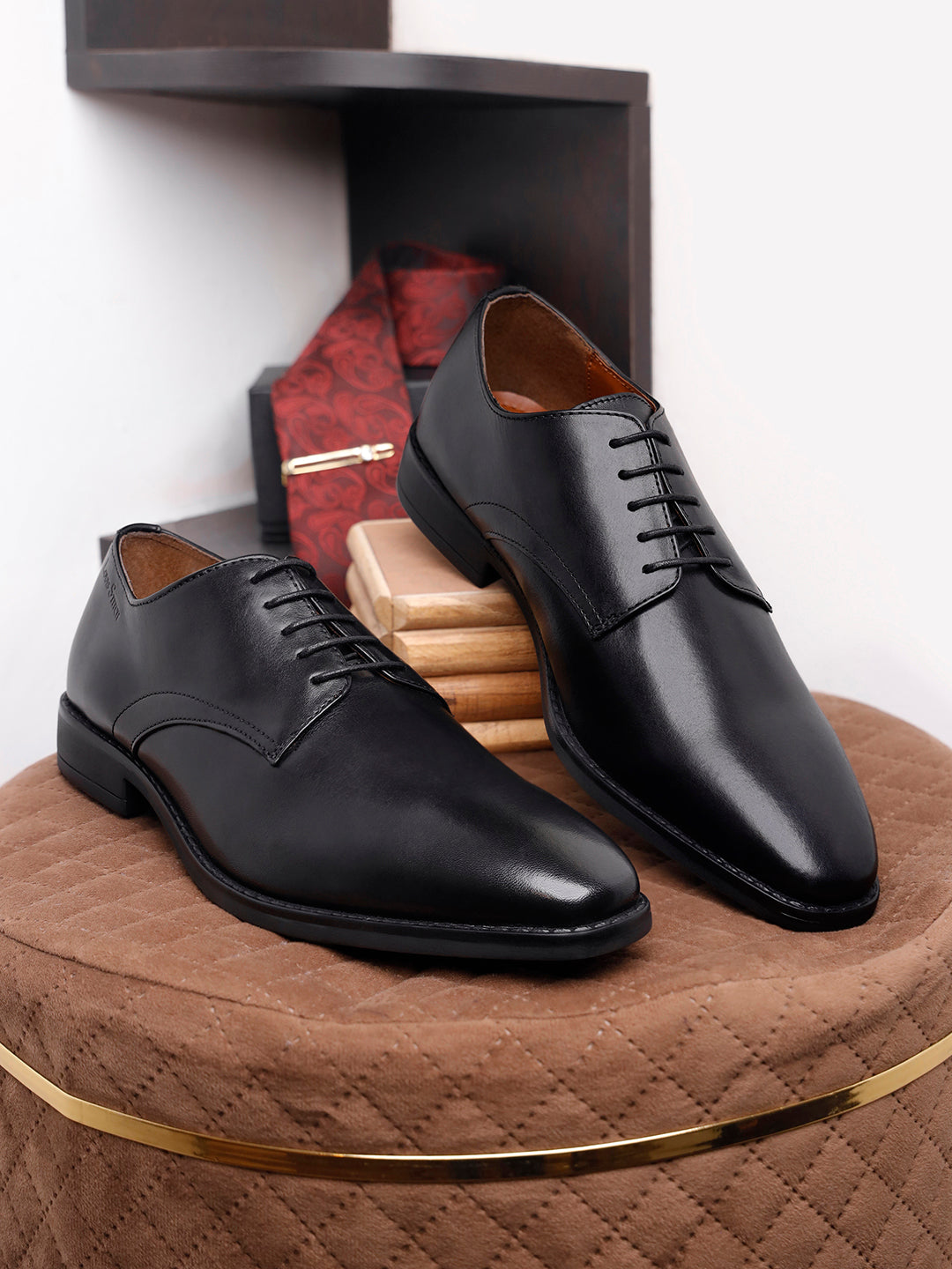 Jet Black Egyptian Crust Leather Derby Shoes