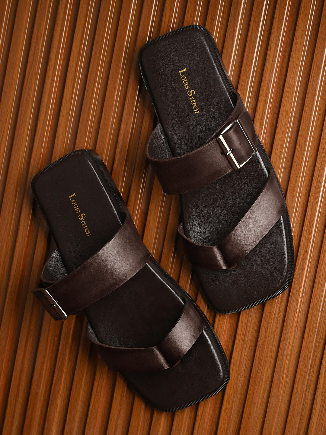 Brunette Brown Open Toe Lightweight T-Strap Leather Sandal with Adjustable Buckle Strap