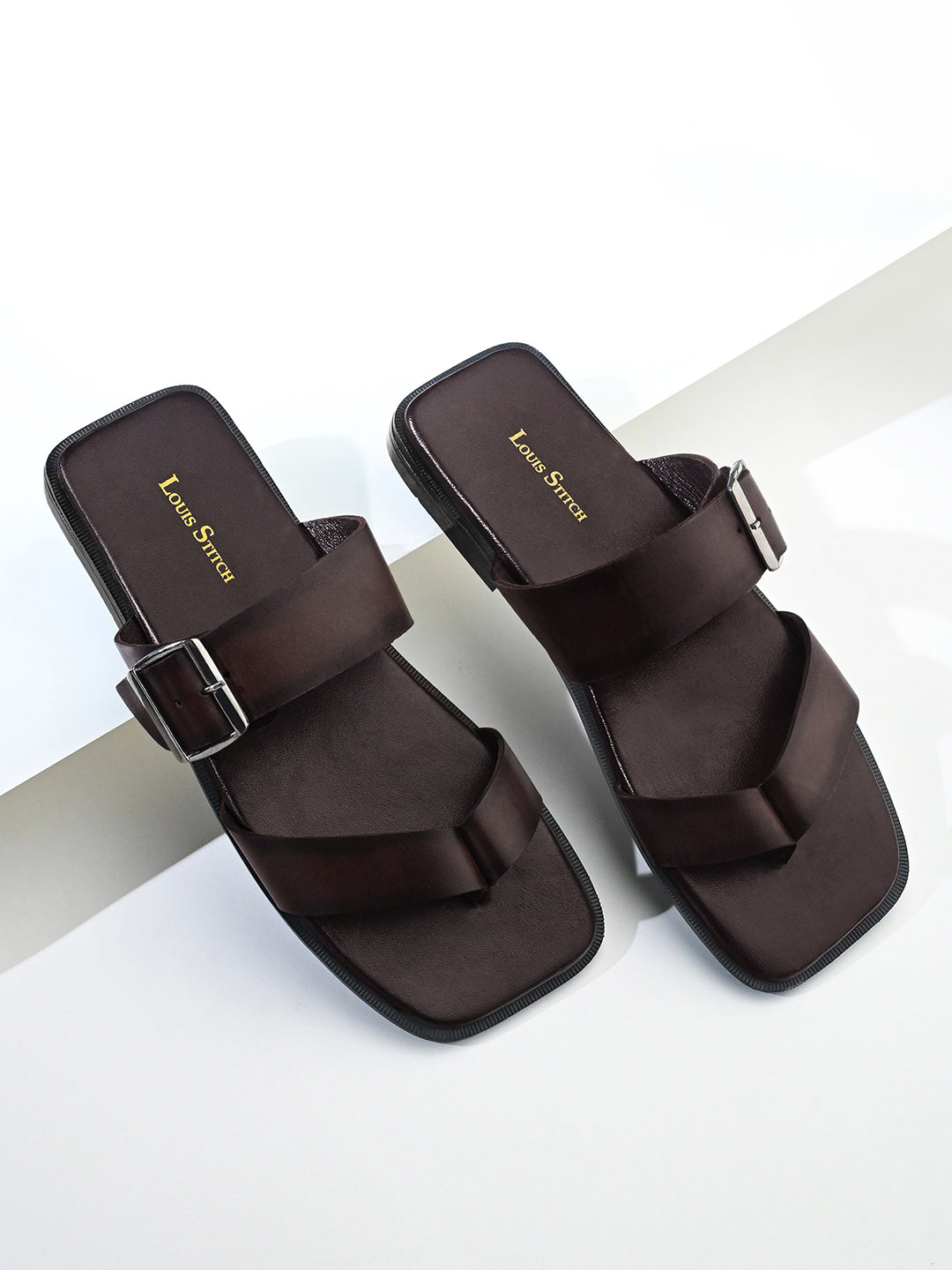 Brunette Brown Open Toe Lightweight T-Strap Leather Sandal with Adjustable Buckle Strap